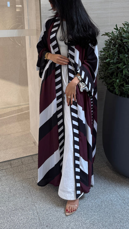 FAB302-Maroon & Black Printed Chiffon Silk A-Cut Abaya Set