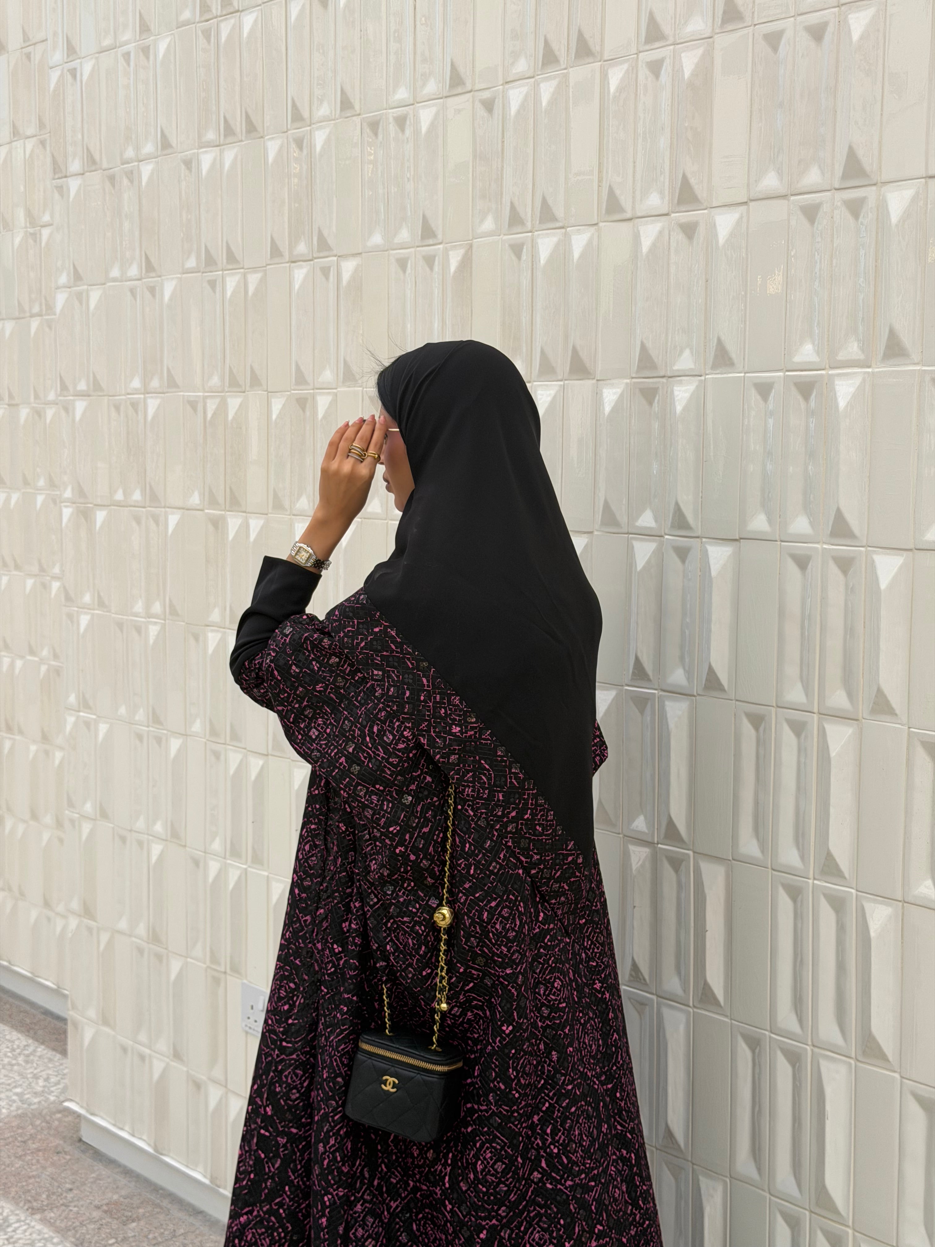 FAB339-Black Pink Embroidery Half-Bisht Cut Abaya with Fitted Black Stretch Sleeves
and matching headscarf