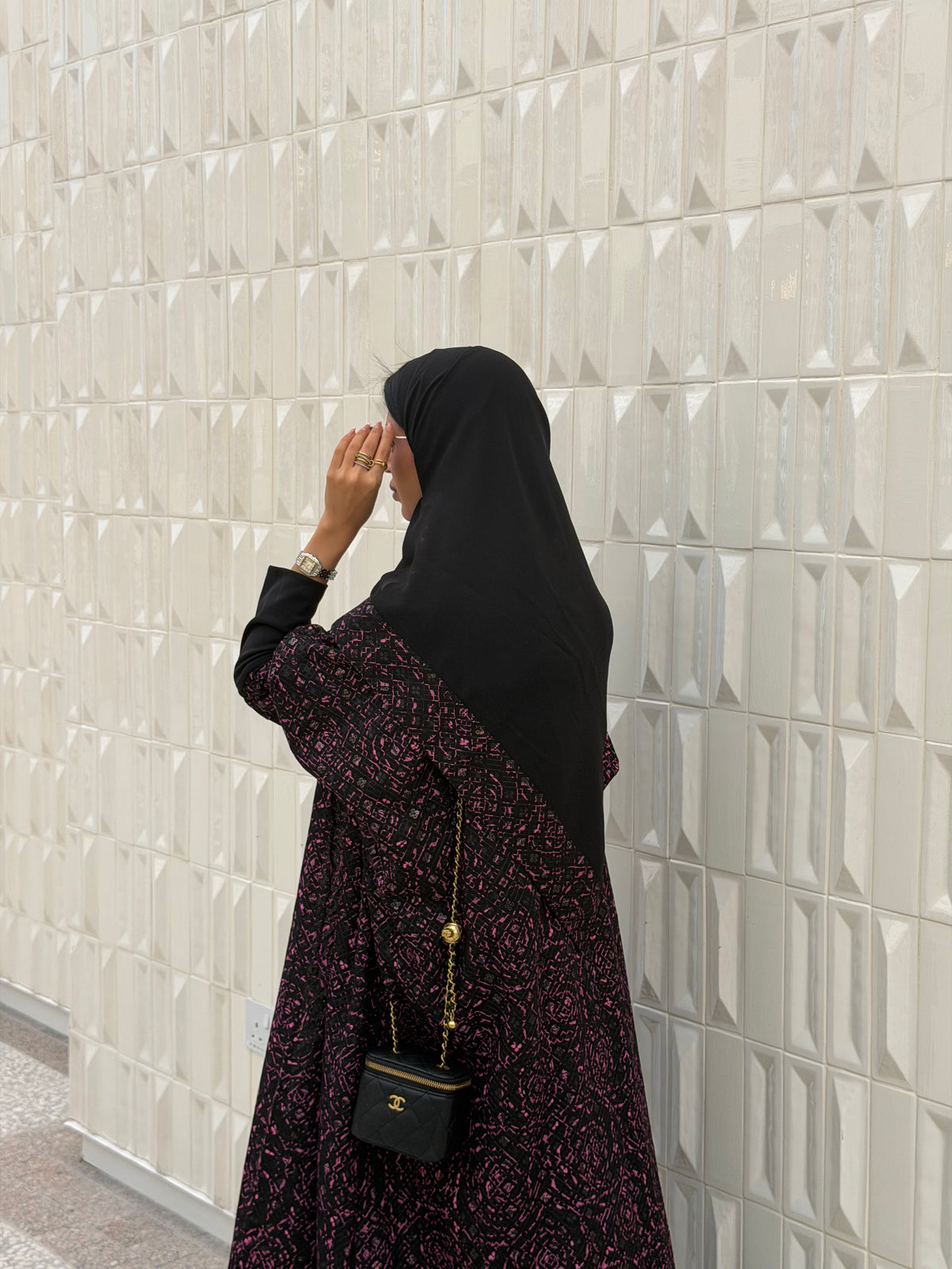 FAB339-Black Pink Embroidery Half-Bisht Cut Abaya with Fitted Black Stretch Sleeves
and matching headscarf