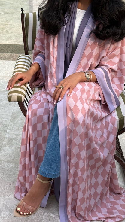 FAB316- Pink & Purple Checkered Print A-Cut Chiffon Silk Abaya