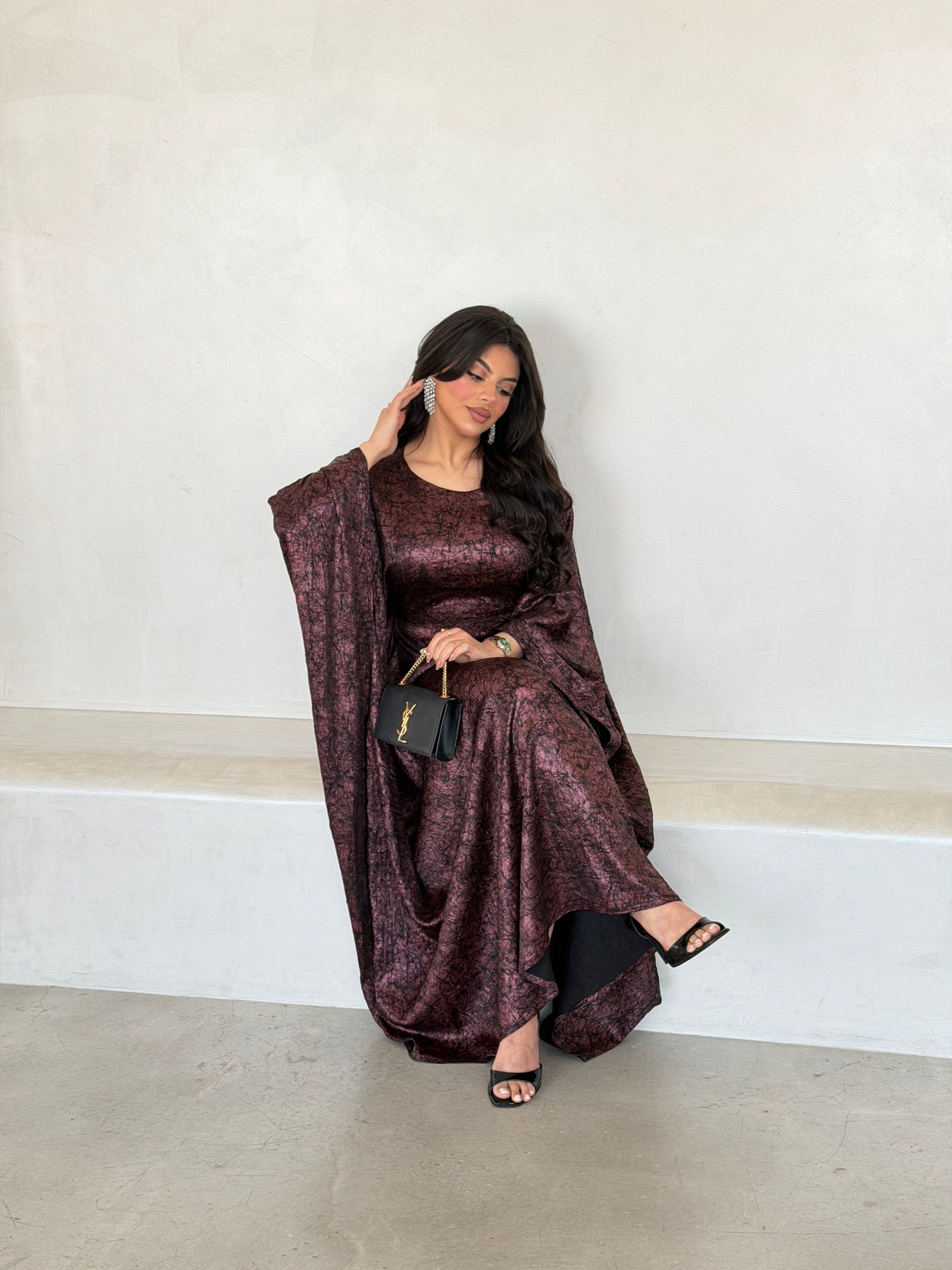 FAB290-Maroon Metallic Cotton Stretch Free size Dress with inner belt