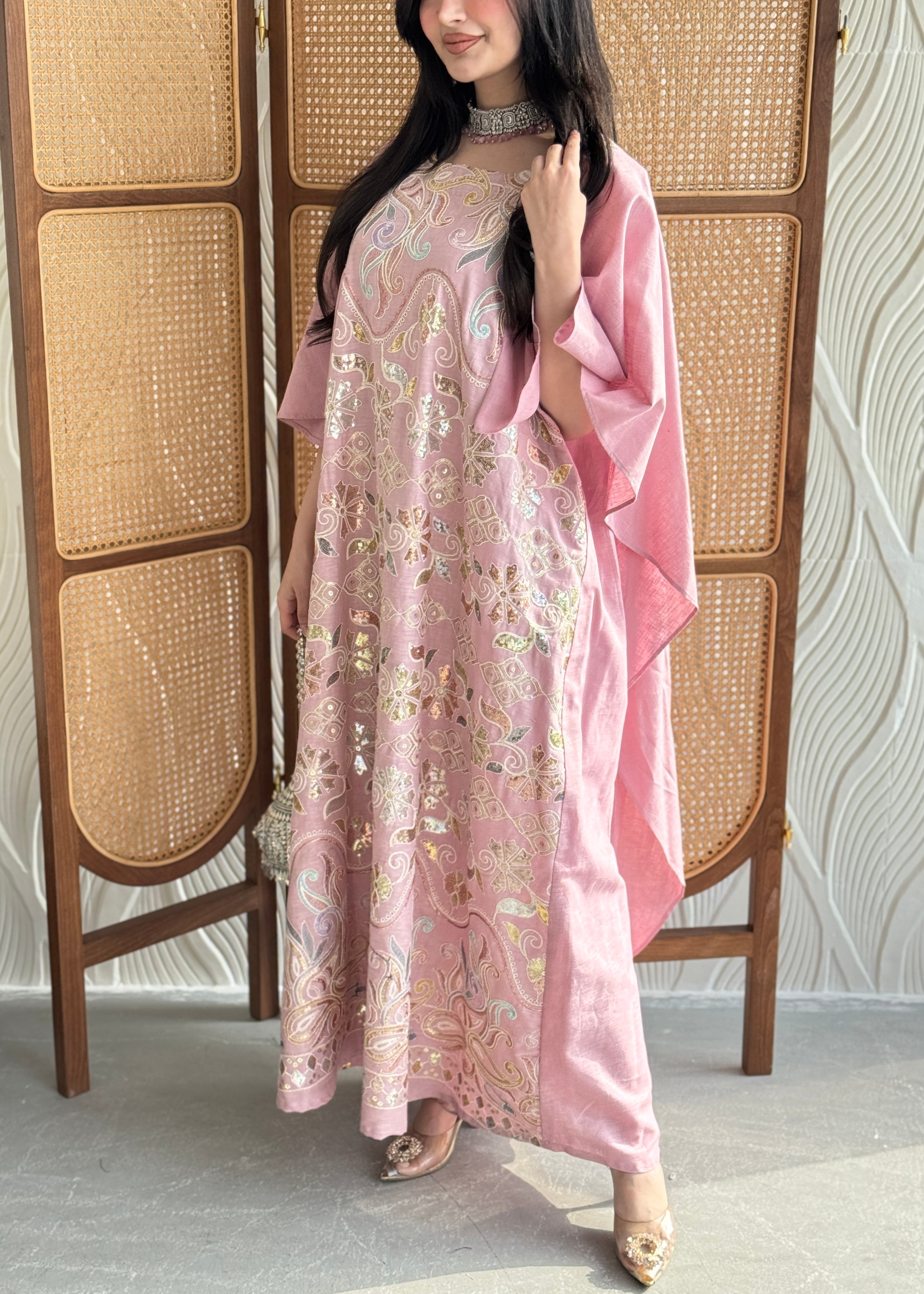 FAB270- Pink Elegant linen jalabiya with multicolor embroidery and a flowing cape cut