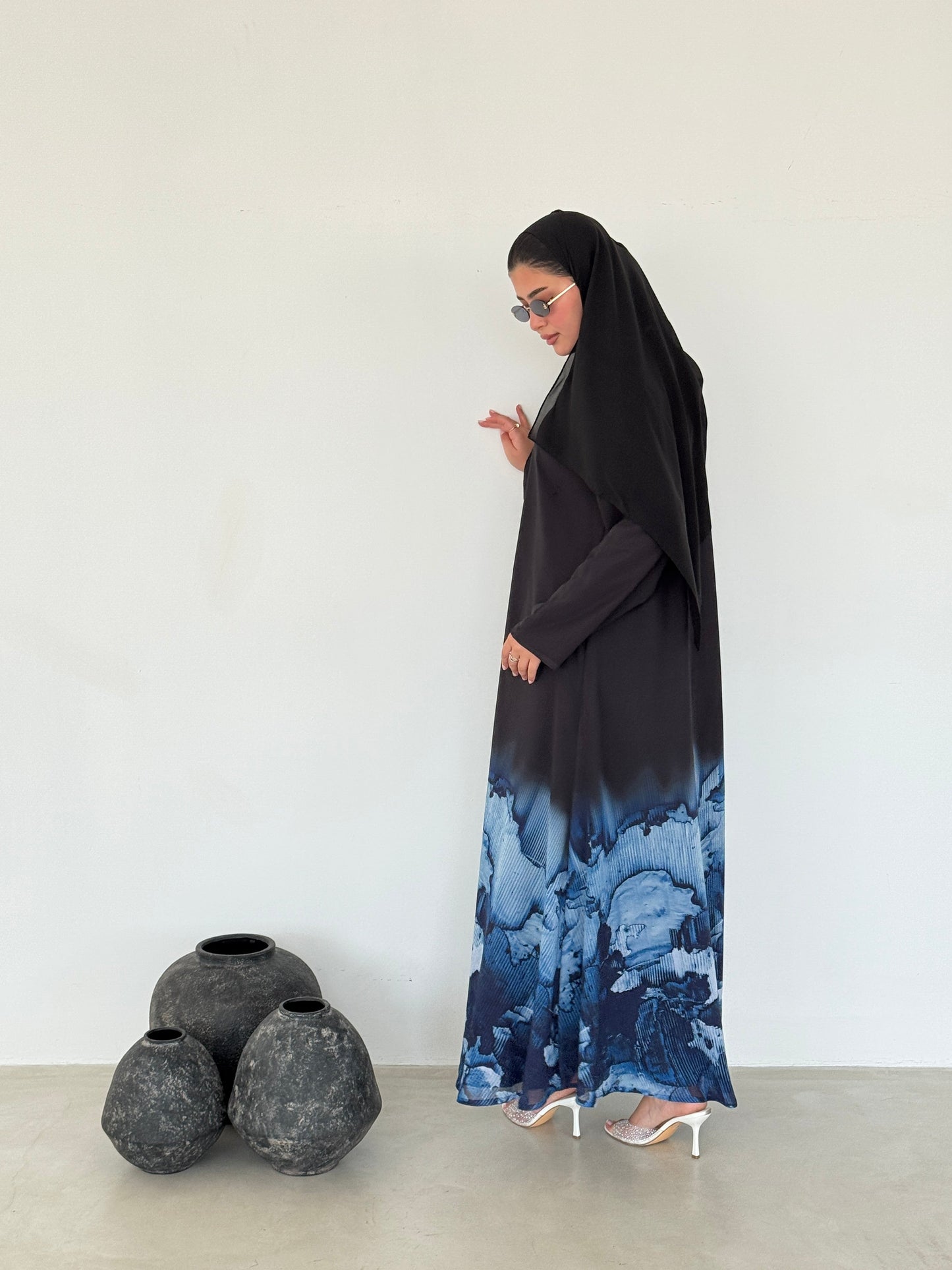 FAB211- Blue Ombre Waves print Shiffon A-cut Abaya with headscarf