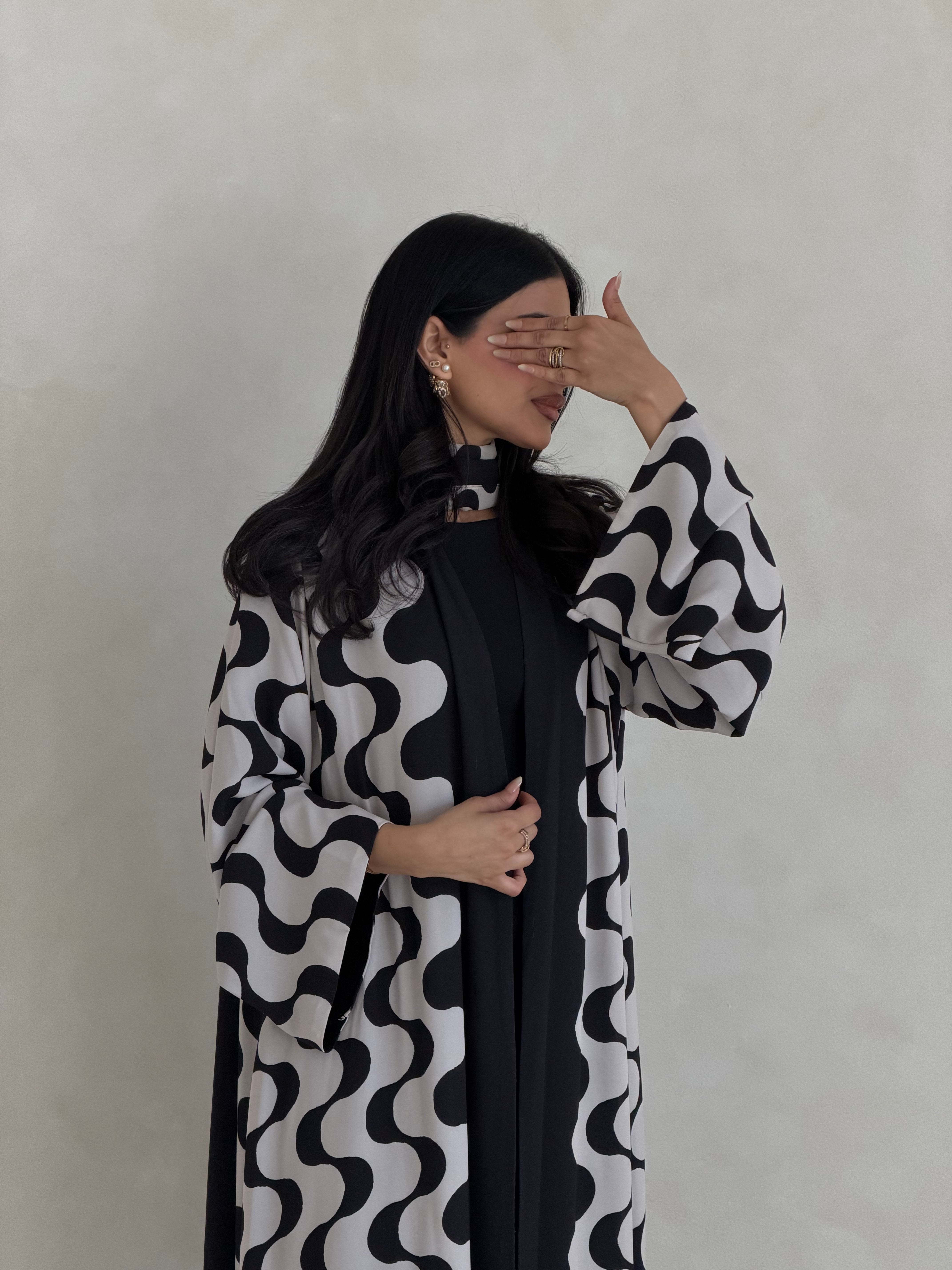 FAB344- White and Black Waves Printed Straight-Cut Abaya and matching headscarf
