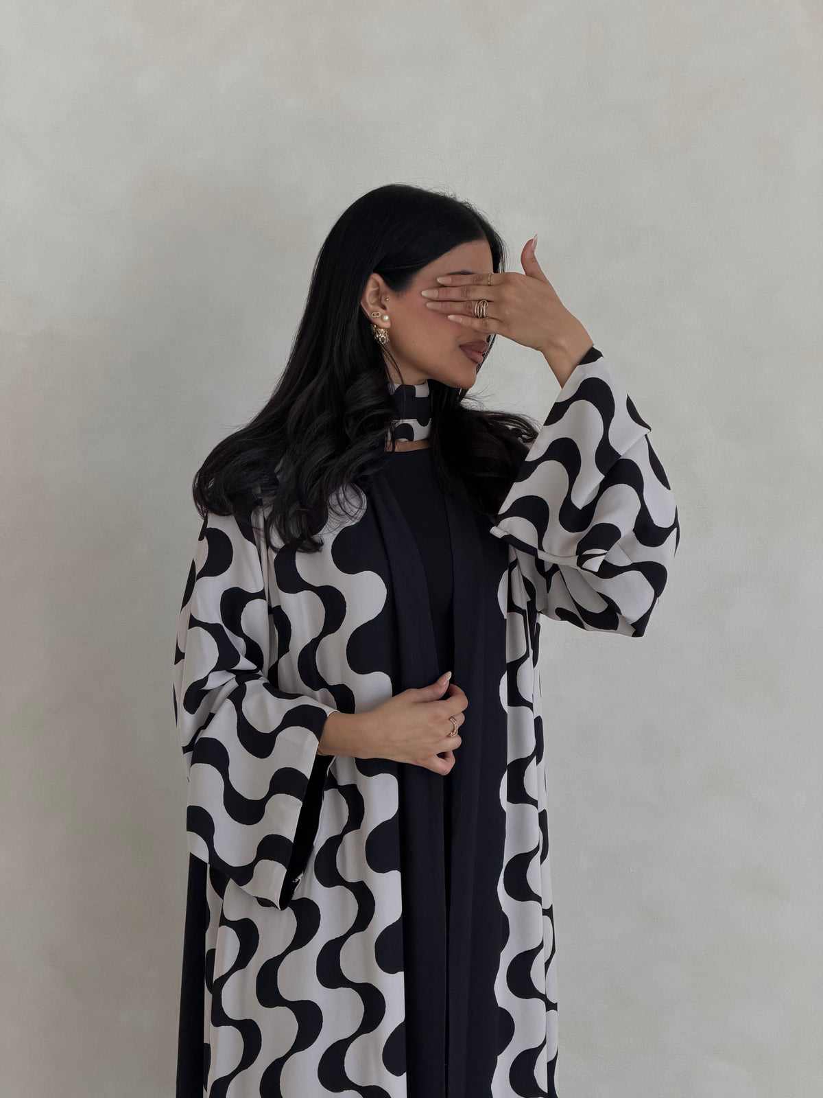 FAB344- White and Black Waves Printed Straight-Cut Abaya and matching headscarf