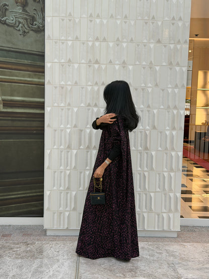 FAB339-Black Pink Embroidery Half-Bisht Cut Abaya with Fitted Black Stretch Sleeves
and matching headscarf