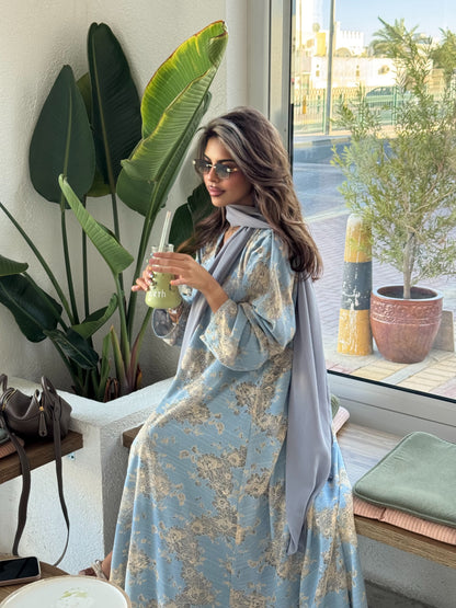 FAB300- Yellow and Blue Lace and Linen Summer A-Cut Abaya