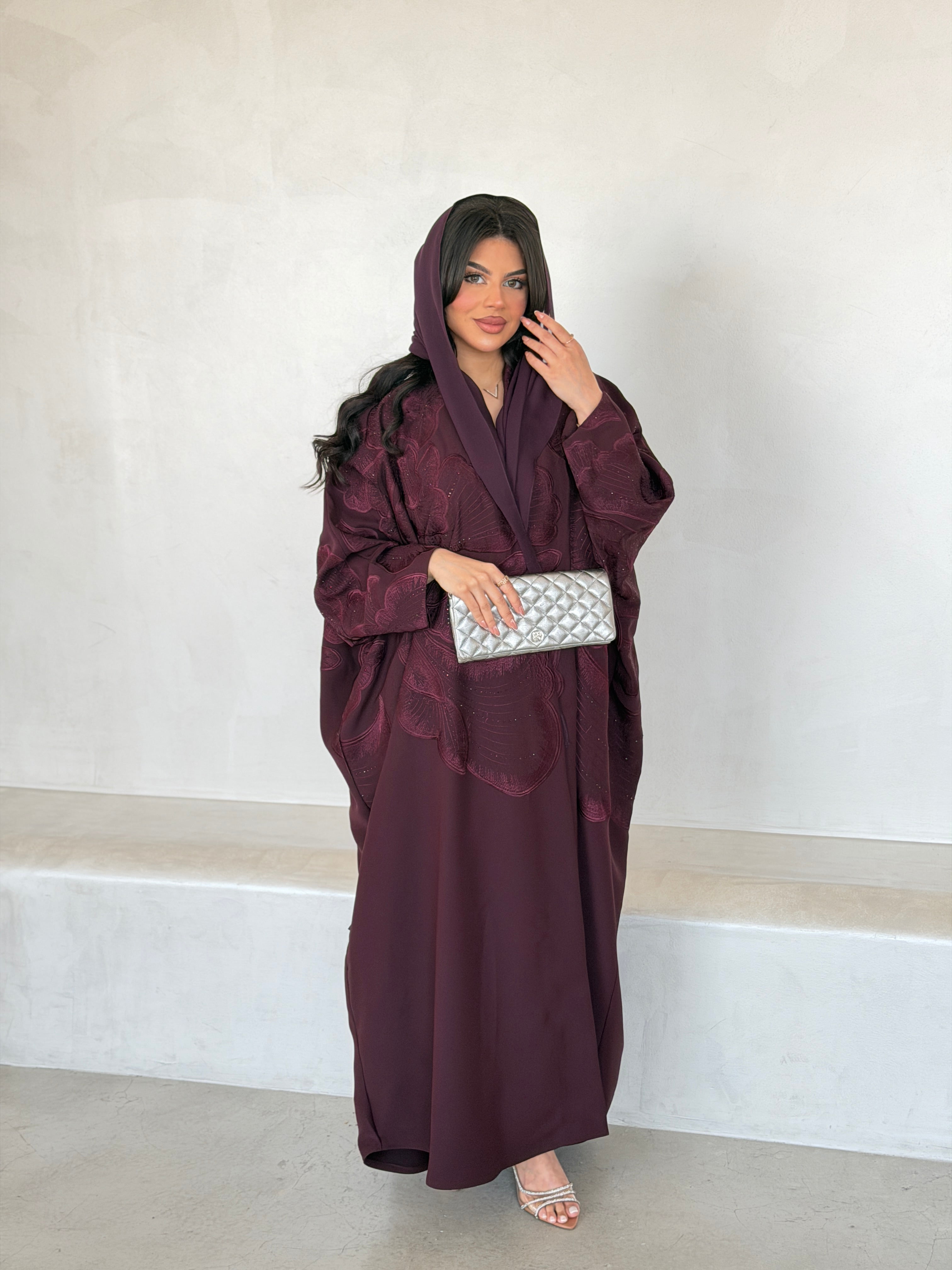 FAB297- Burgundy Crystal Embroidered Half Bisht Cut Crepe Abaya