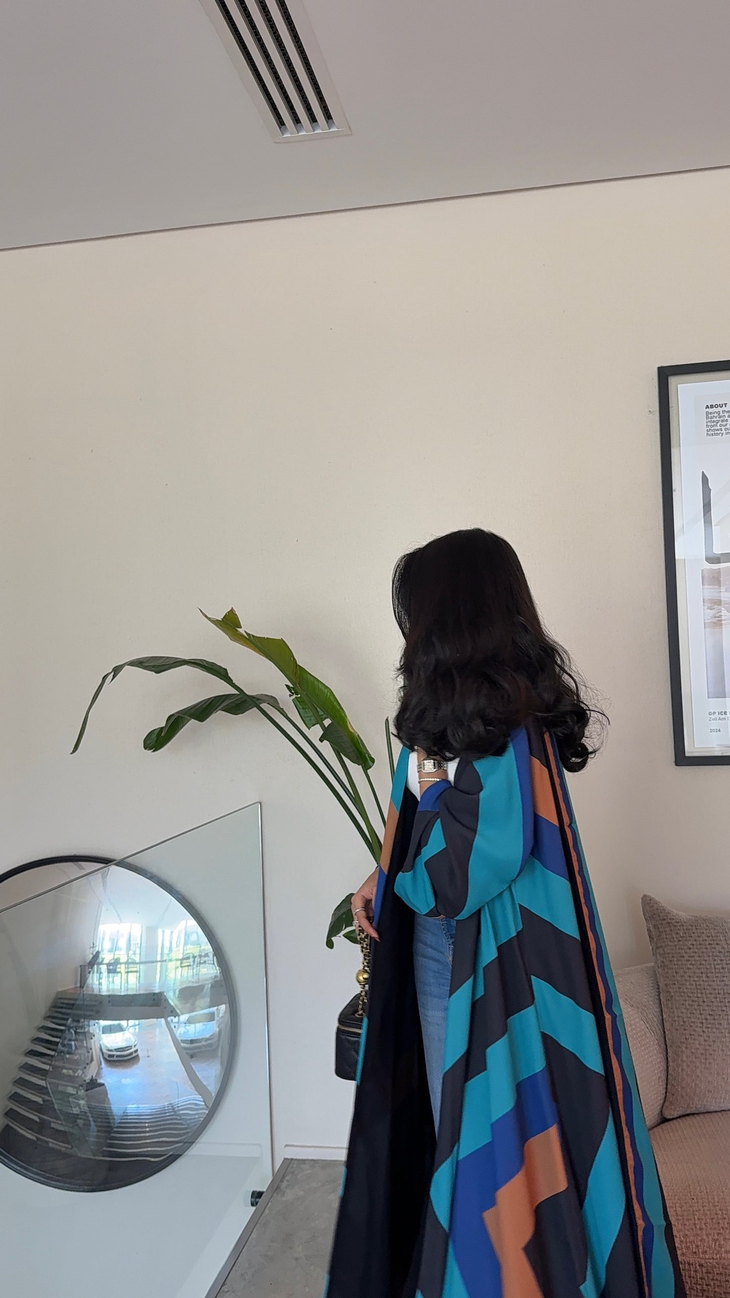 FAB328- Turqoise mustard printed Rainbow straight-cut abaya with matching headscarf