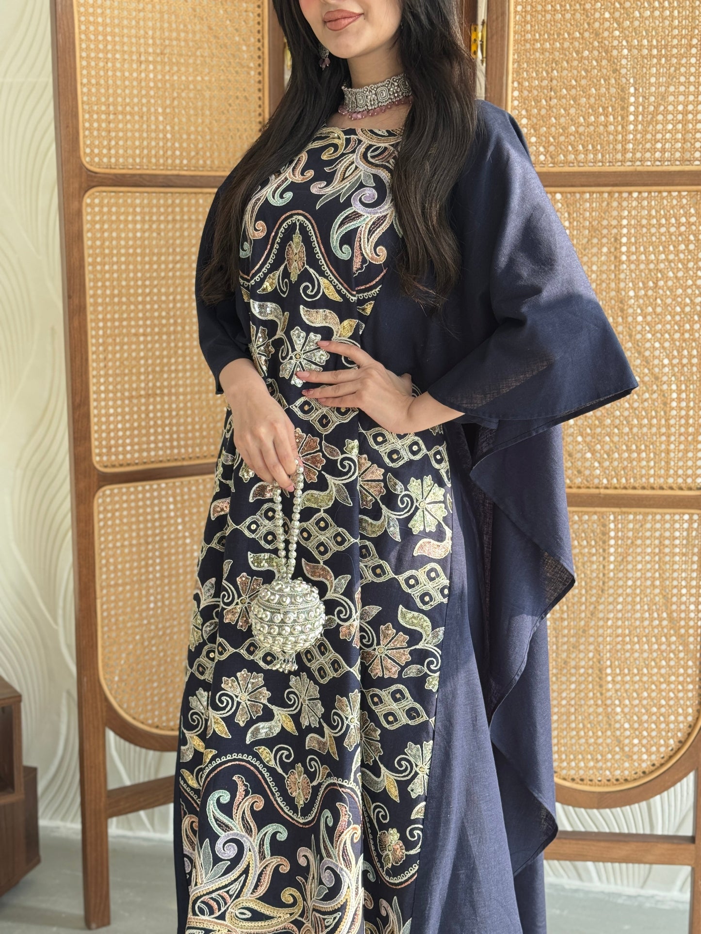 FAB268- Navy Elegant linen jalabiya with multicolor embroidery and a flowing cape cut