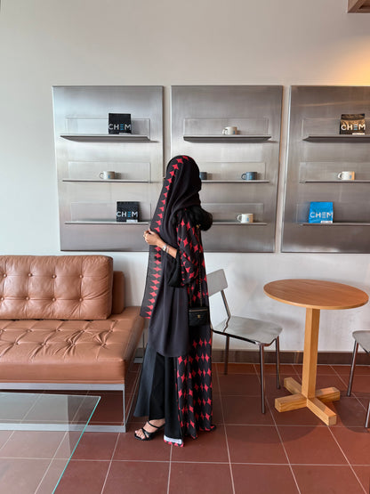 FAB335-Red & Black Diamond Print Straight-Cut Abaya with Matching Headscarf