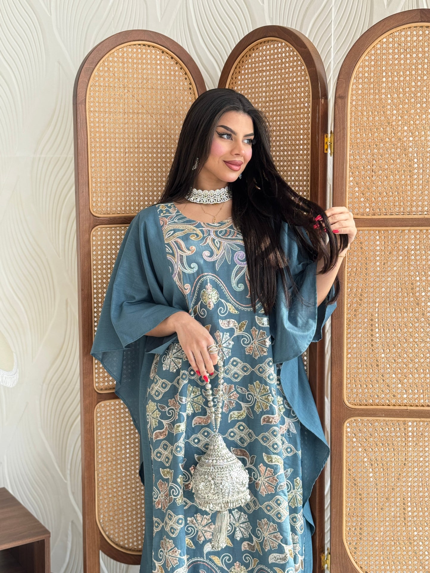FAB267- Teal Blue Elegant linen jalabiya with multicolor embroidery and a flowing cape cut