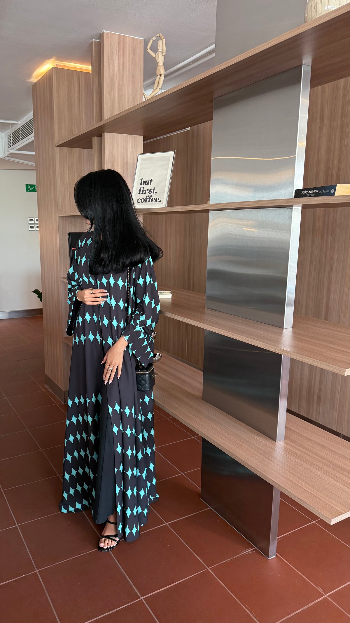 FAB333-Turquoise & Black Diamond Print Straight-Cut Abaya with Matching Headscarf