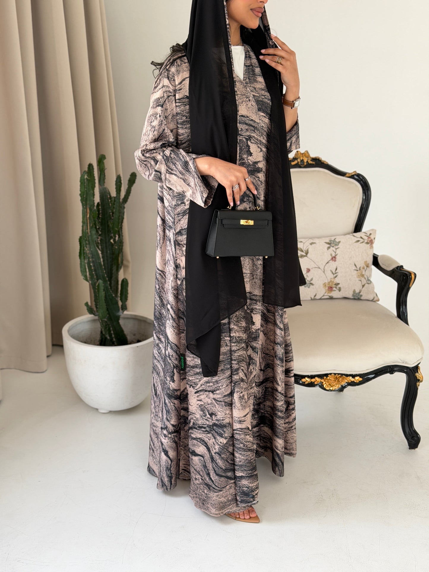 FAB286- Beige Marble Print- Crepe A-Cut Abaya with pipping headscarf