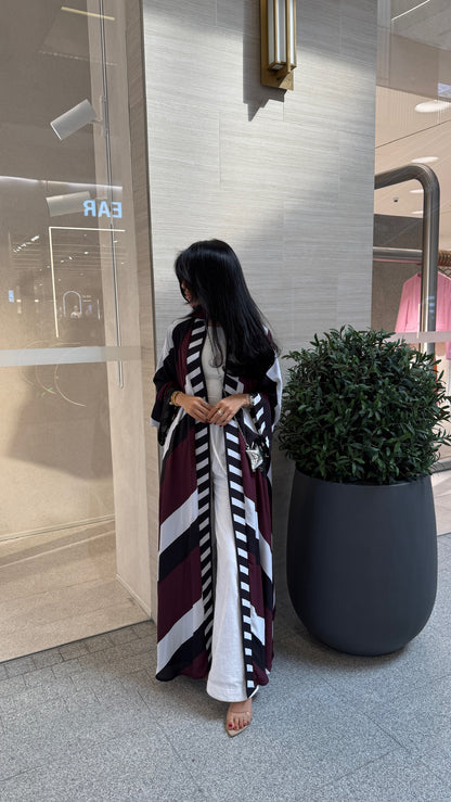 FAB302-Maroon & Black Printed Chiffon Silk A-Cut Abaya Set