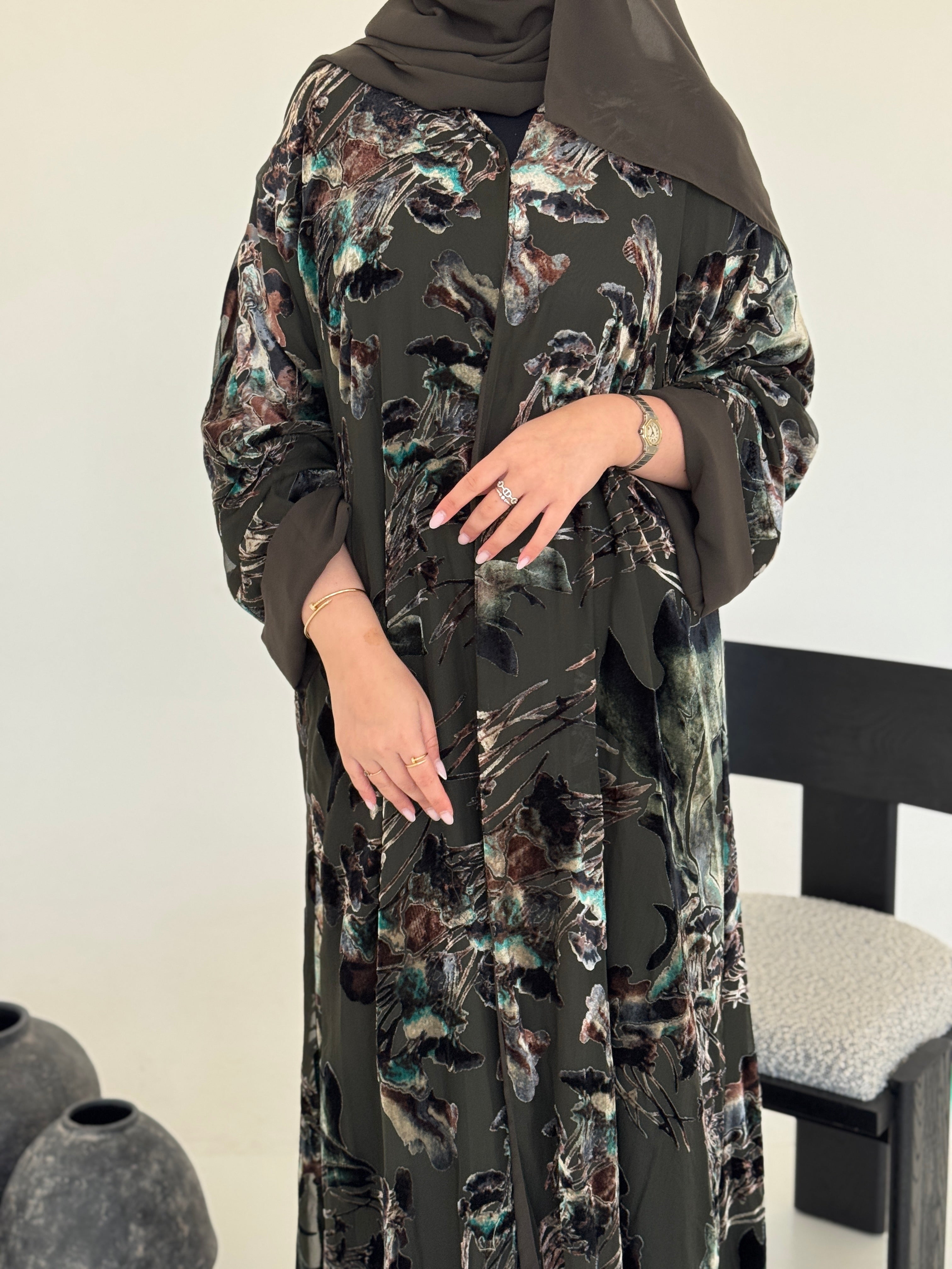 FAB232- Green Chiffon with Velvet Print Abaya with headscarf