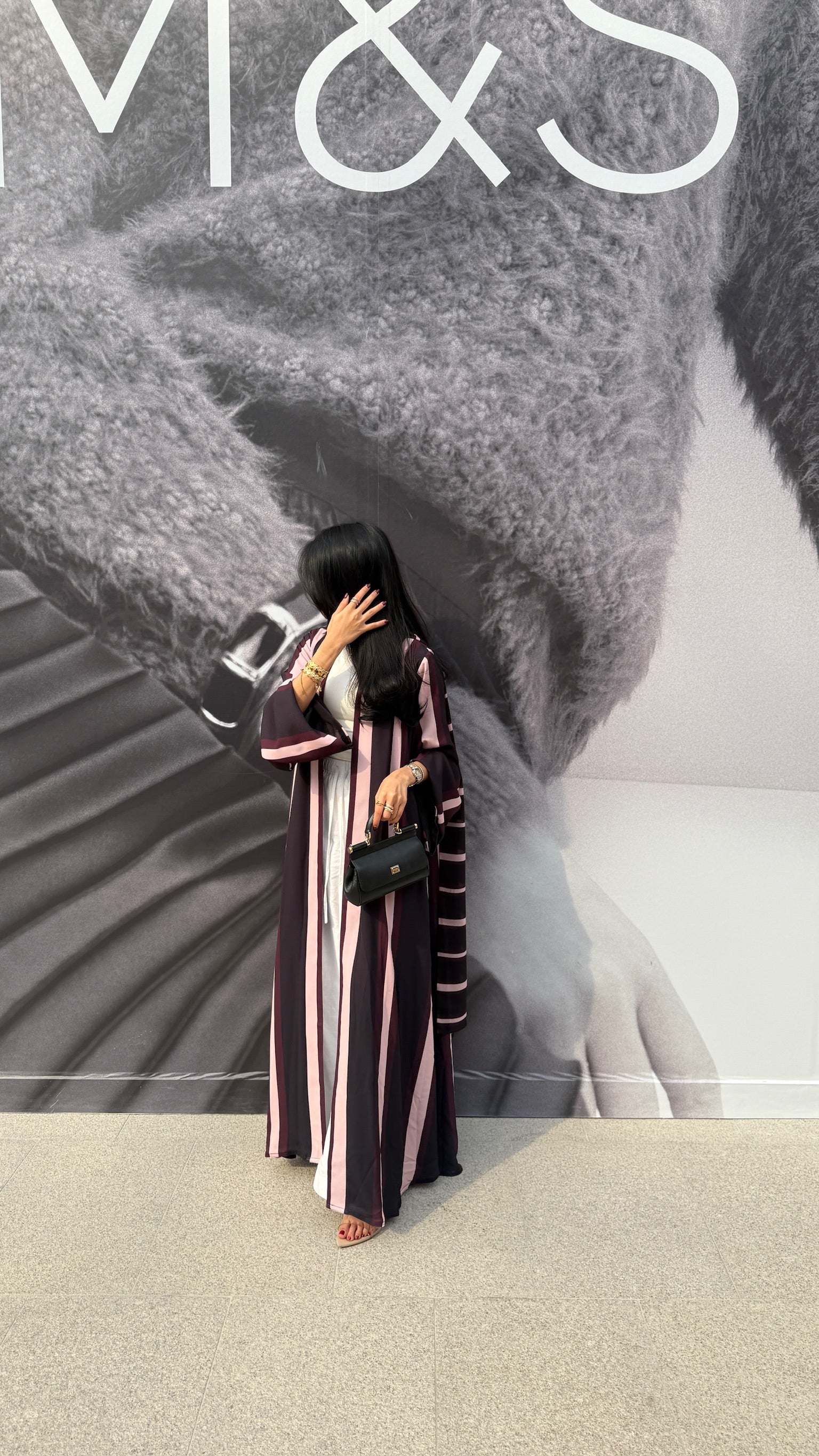 FAB304- Black/Maroon Striped Print Chiffon Silk A-Cut Abaya Set