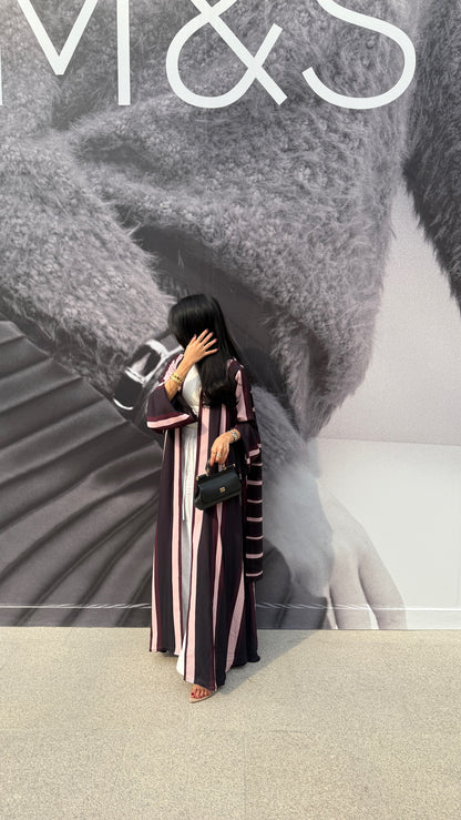 FAB304- Black/Maroon Striped Print Chiffon Silk A-Cut Abaya Set