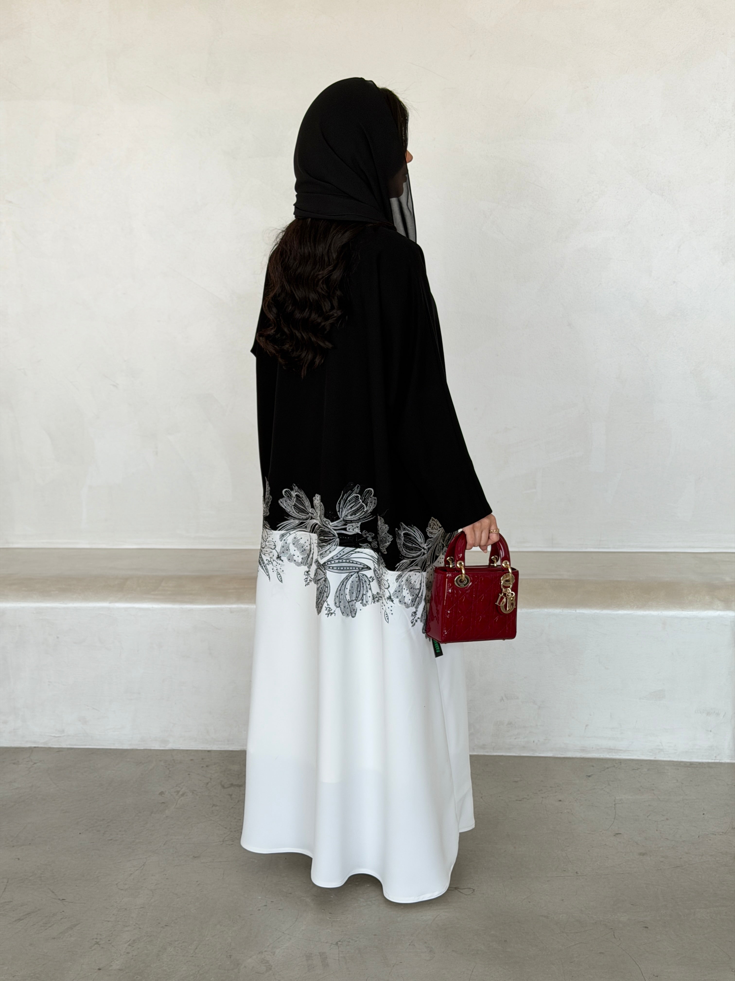 FAB292- Black & White Crepe Crystal Embroidered Abaya
