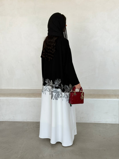 FAB292- Black & White Crepe Crystal Embroidered Abaya