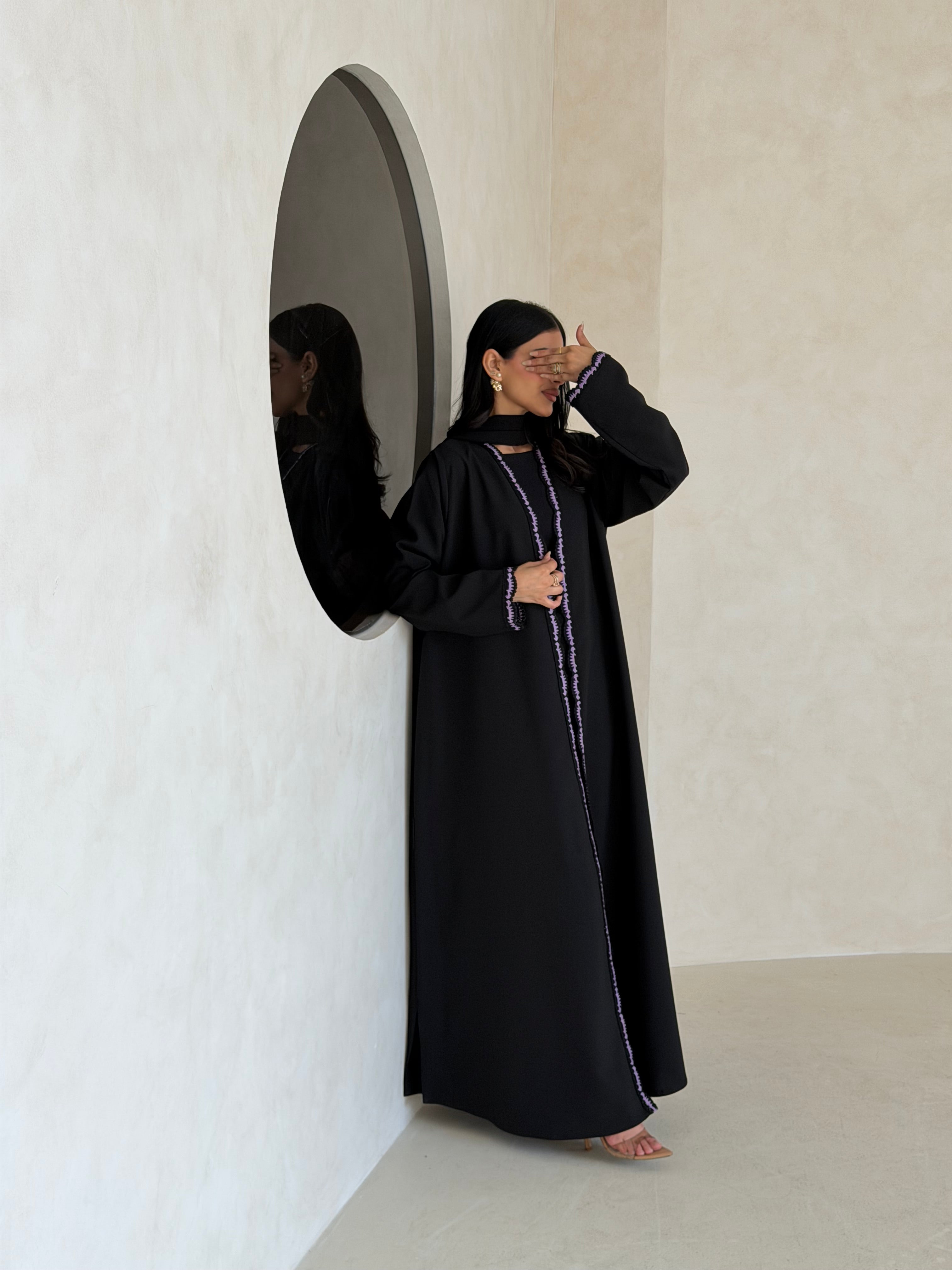 FAB348- Purple Crochet Black Crepe Klosh-Cut Abaya with Headscarf