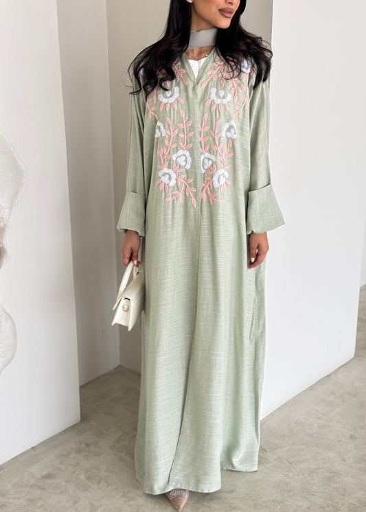 FAB187- Light Green Summer Linen - Half-bisht cut Abaya