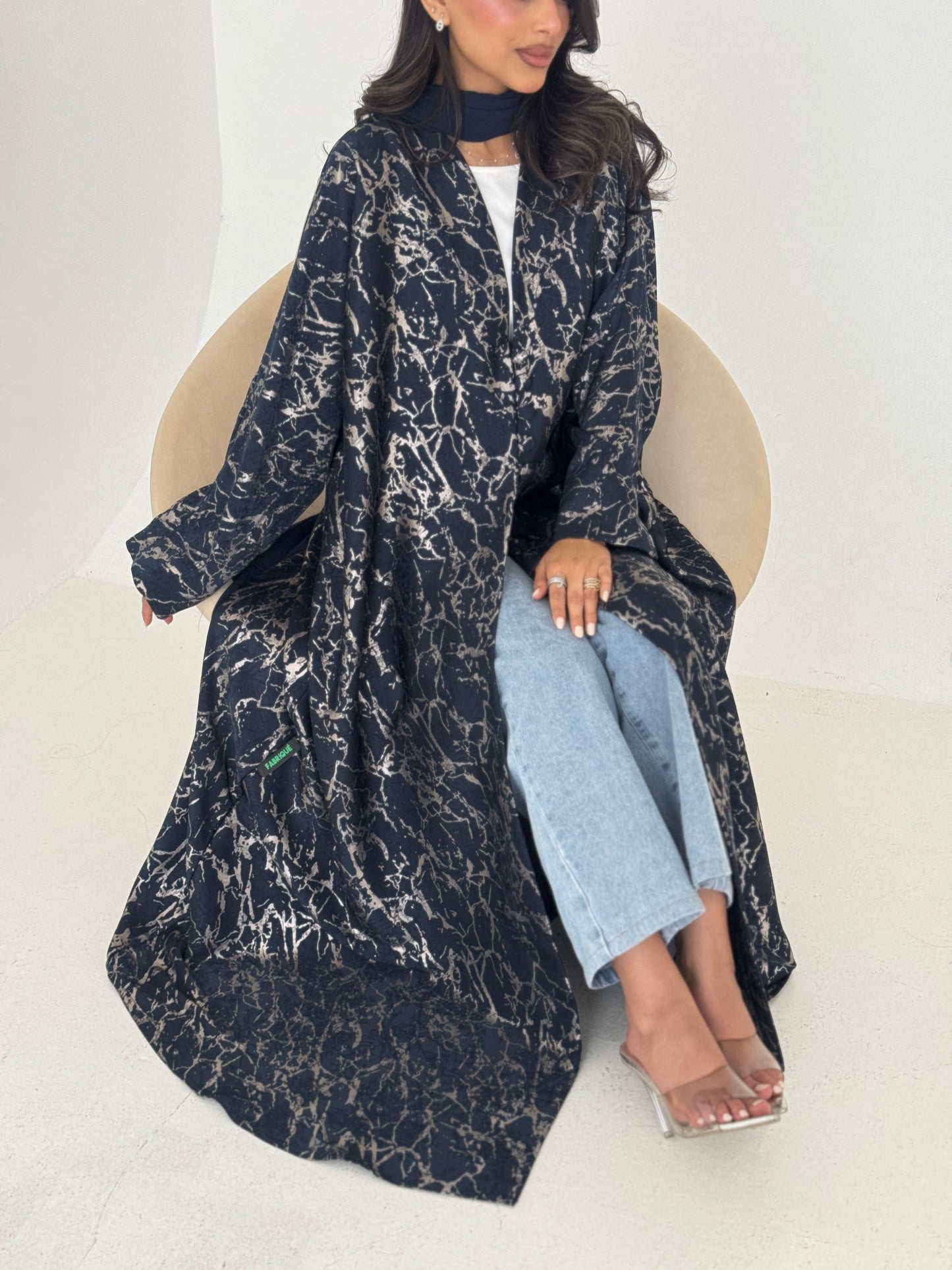 FAB207-Elegant Navy Blue Metallic Crepe Silk A-Cut Abaya with headscarf