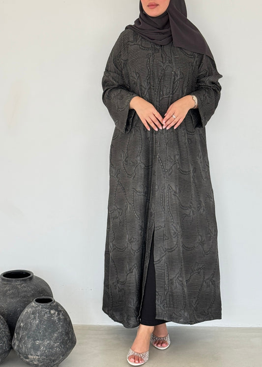 FAB220-Black Grey Ribbon Embroidery Linen Abaya with headscarf