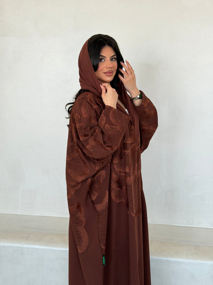 FAB295- Orange Crystal Embroidered Half Bisht Cut Crepe Abaya