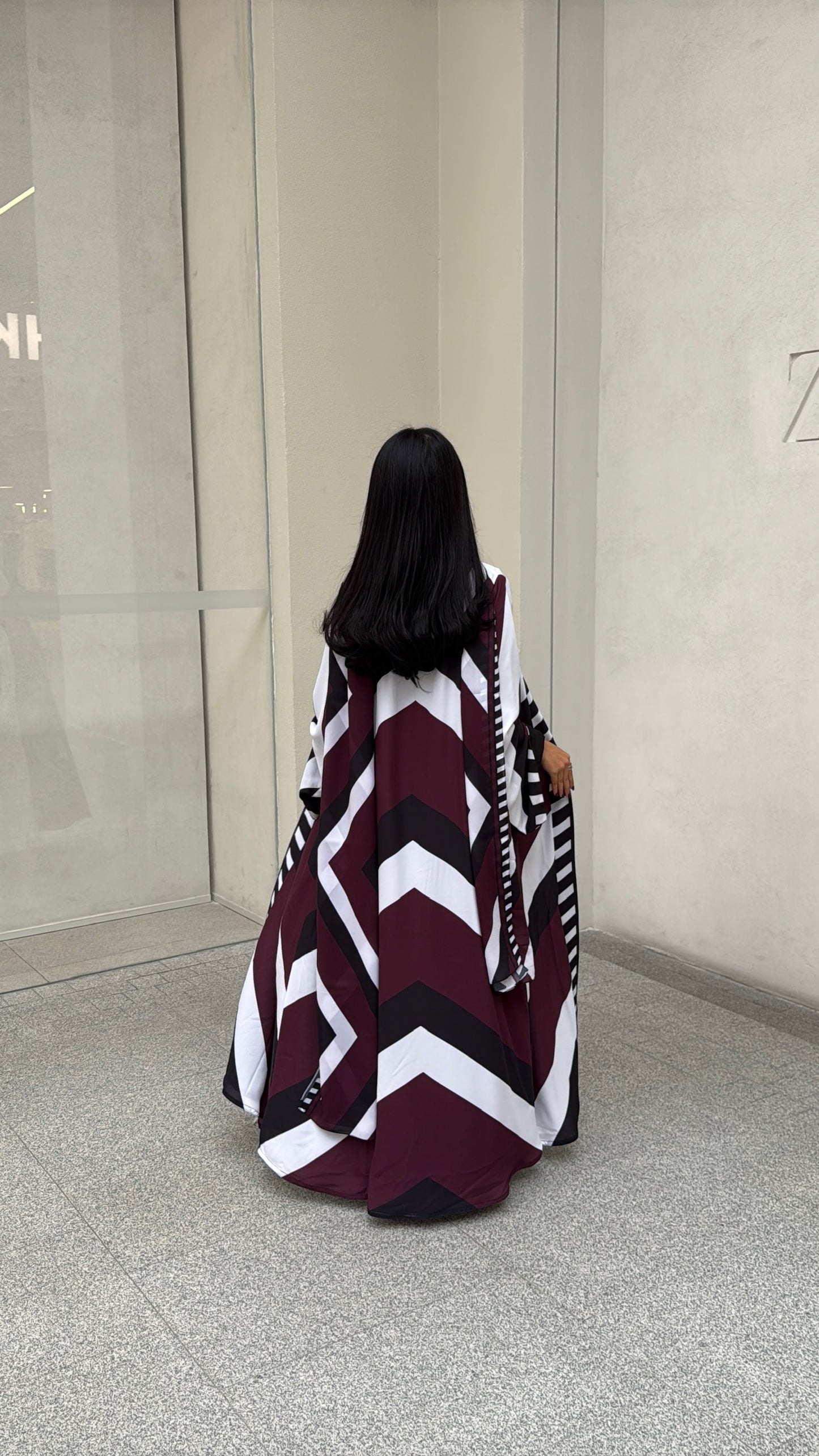 FAB302-Maroon & Black Printed Chiffon Silk A-Cut Abaya Set