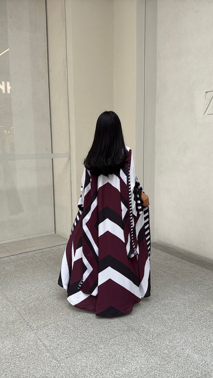 FAB302-Maroon & Black Printed Chiffon Silk A-Cut Abaya Set