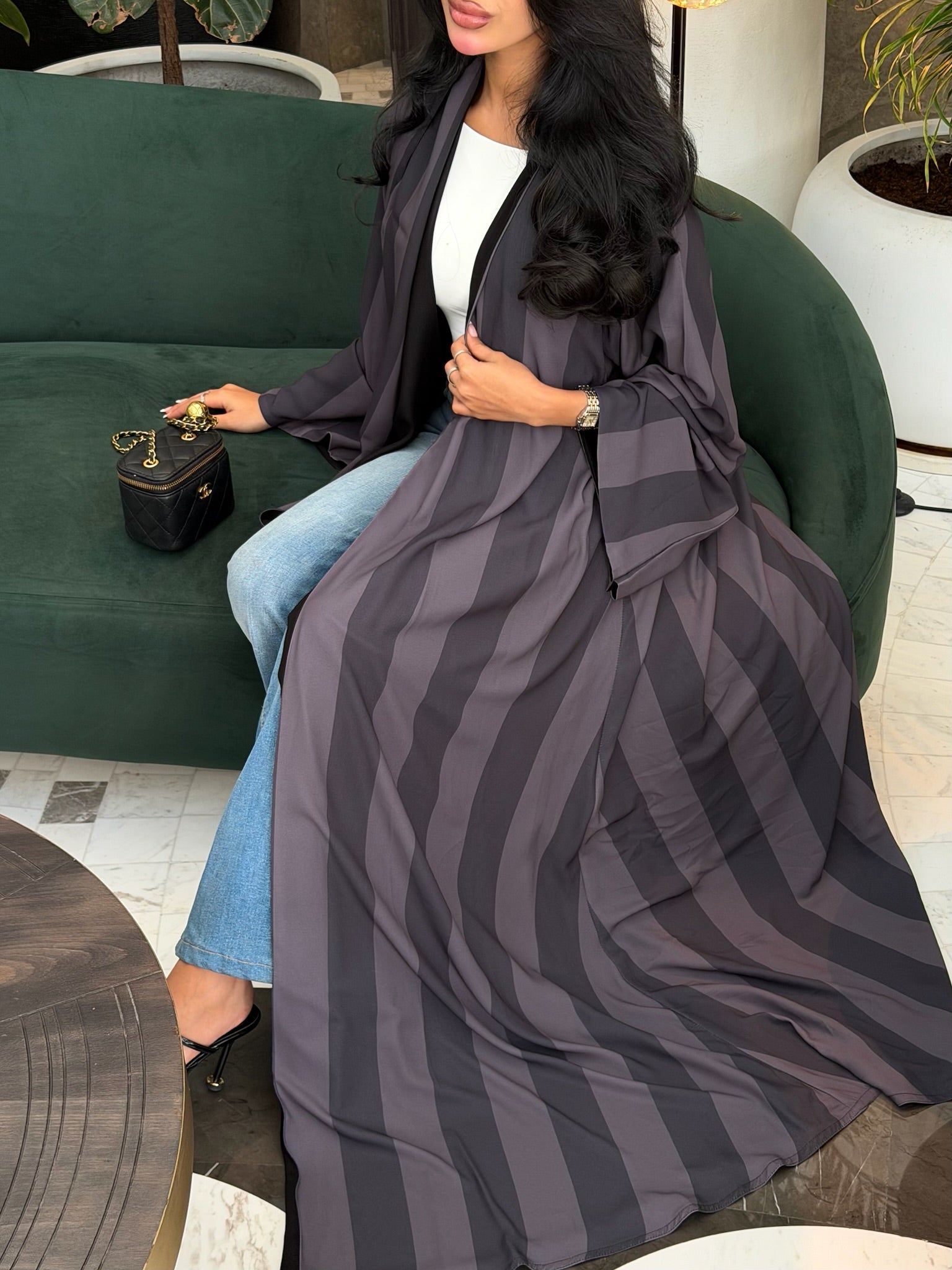 FAB332-Grey Basic Light Stripped Printed Klosh Abaya Set