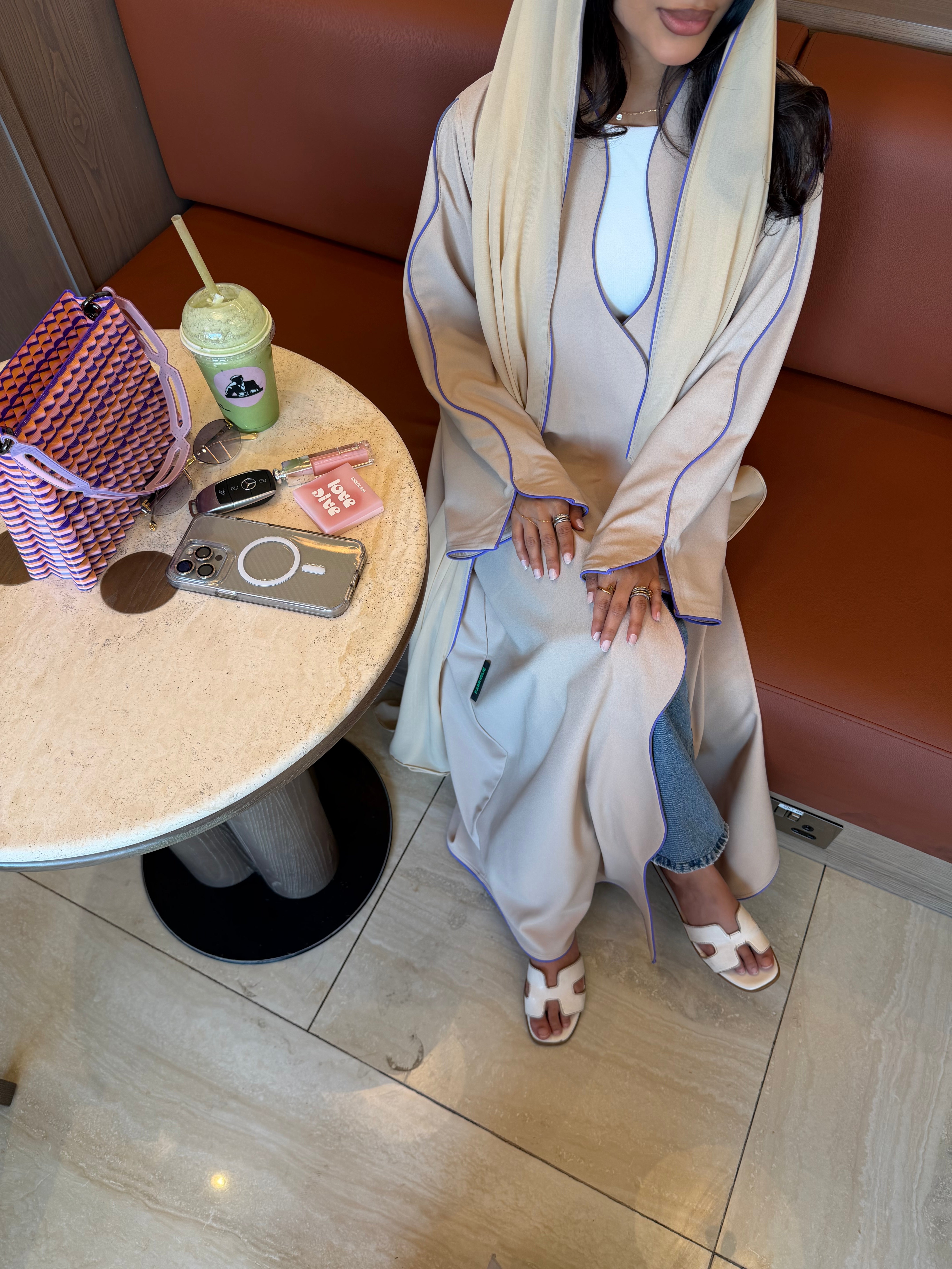 FAB318- Beige crepe swirl-cut abaya with purple piping abaya and headscarf