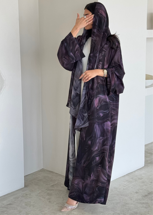 FAB171- Purple Pattern Crepe Summer Abaya with matching headscarf
