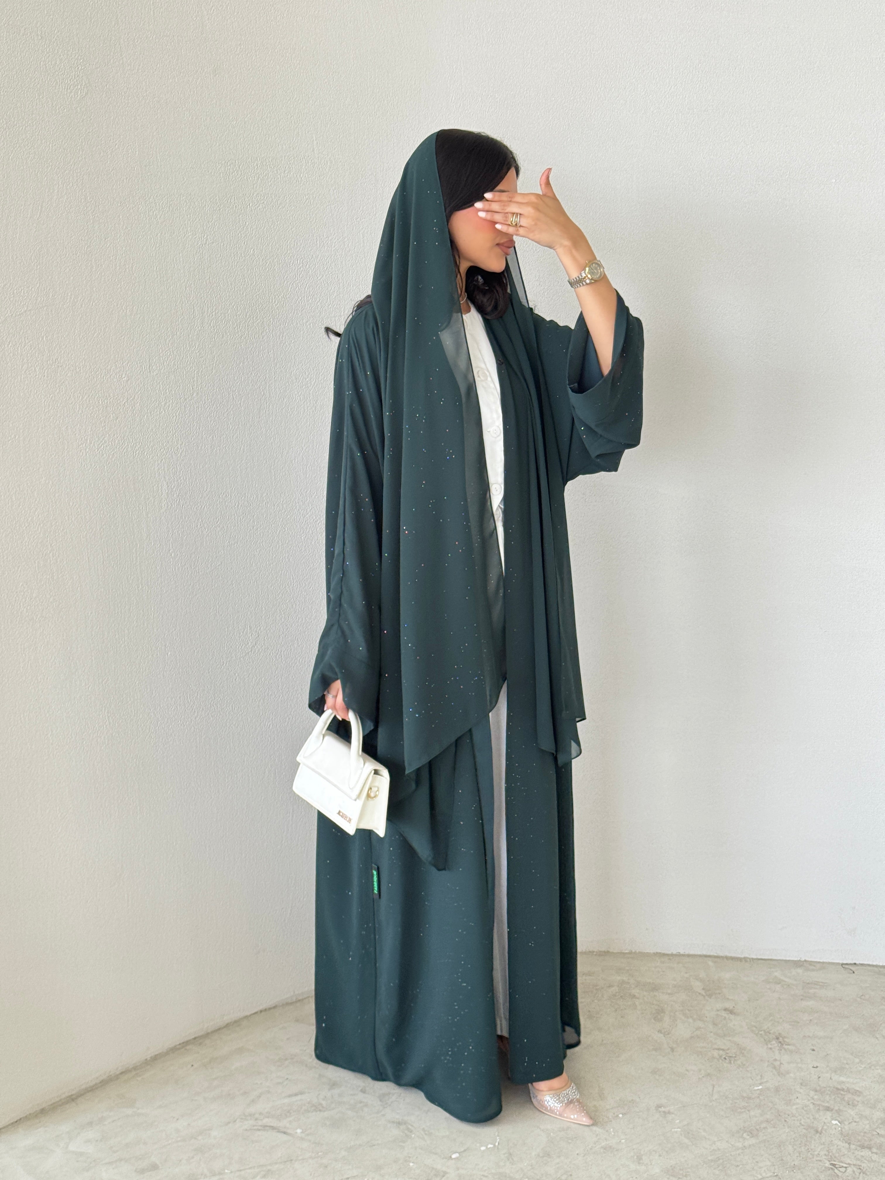 FAB185- Green Glitter Chiffon Abaya Set