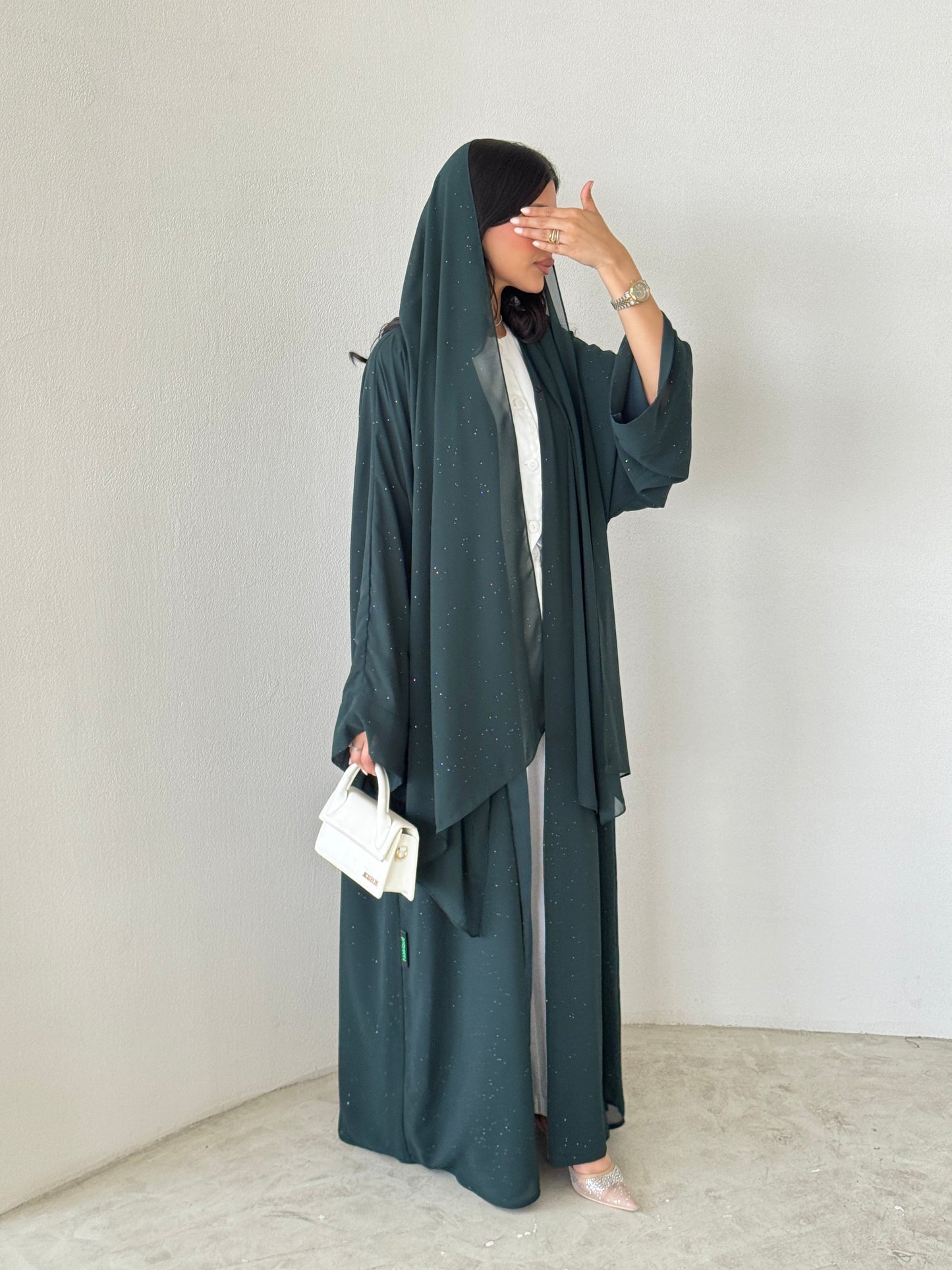 FAB185- Elegant Green Glitter Chiffon Abaya
