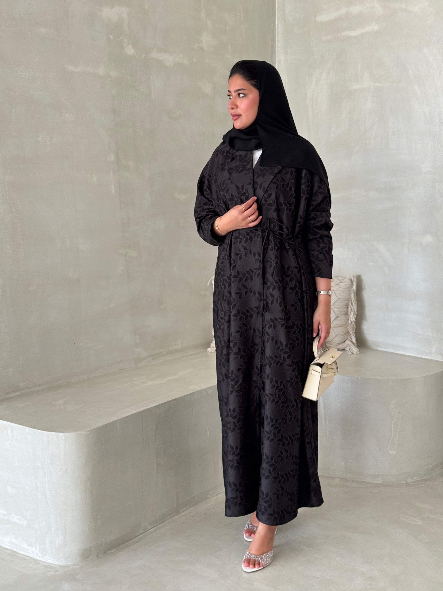 FAB198- Grey-Black Collar Blazer Cut Abaya with headscarf