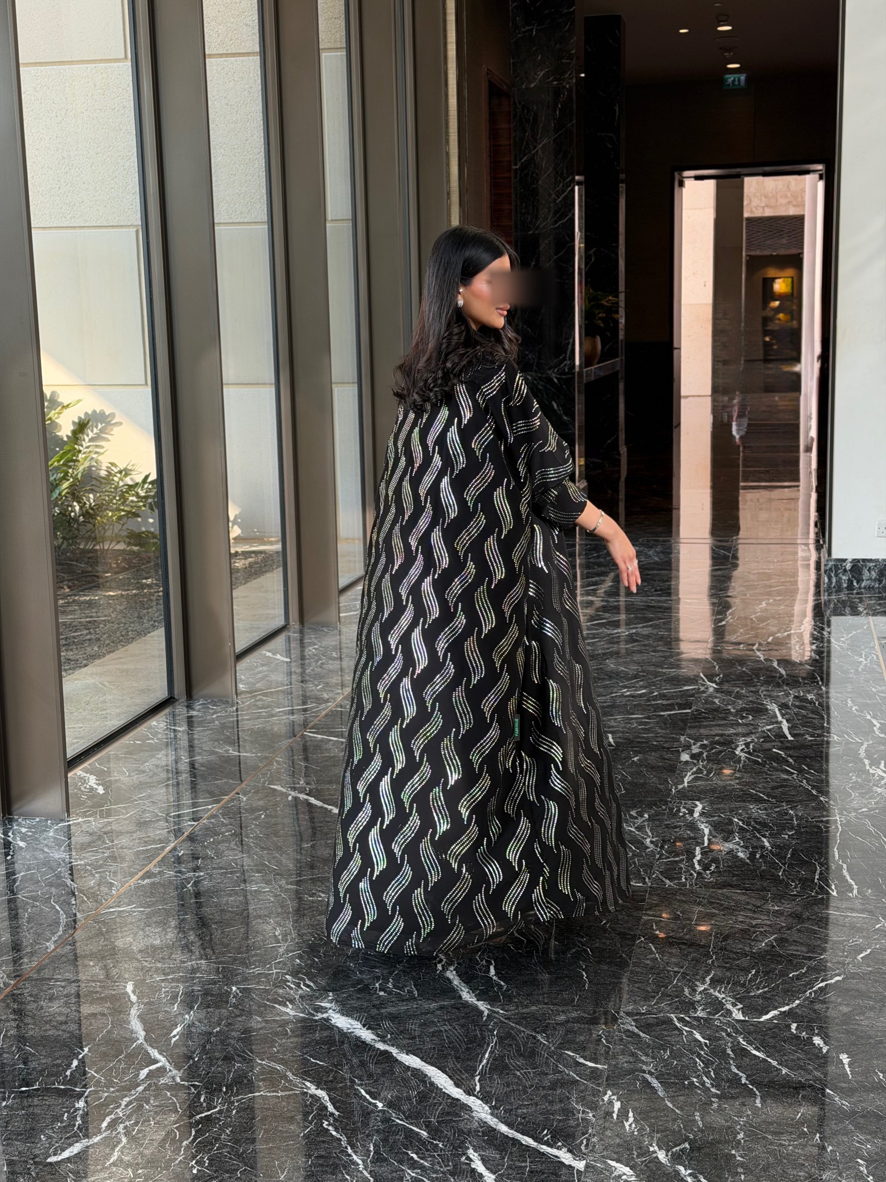 FAB339 – Elegant Black Chiffon Abaya with Silver Naqda Embroidery, Half-Bisht Cut & Matching Headscarf