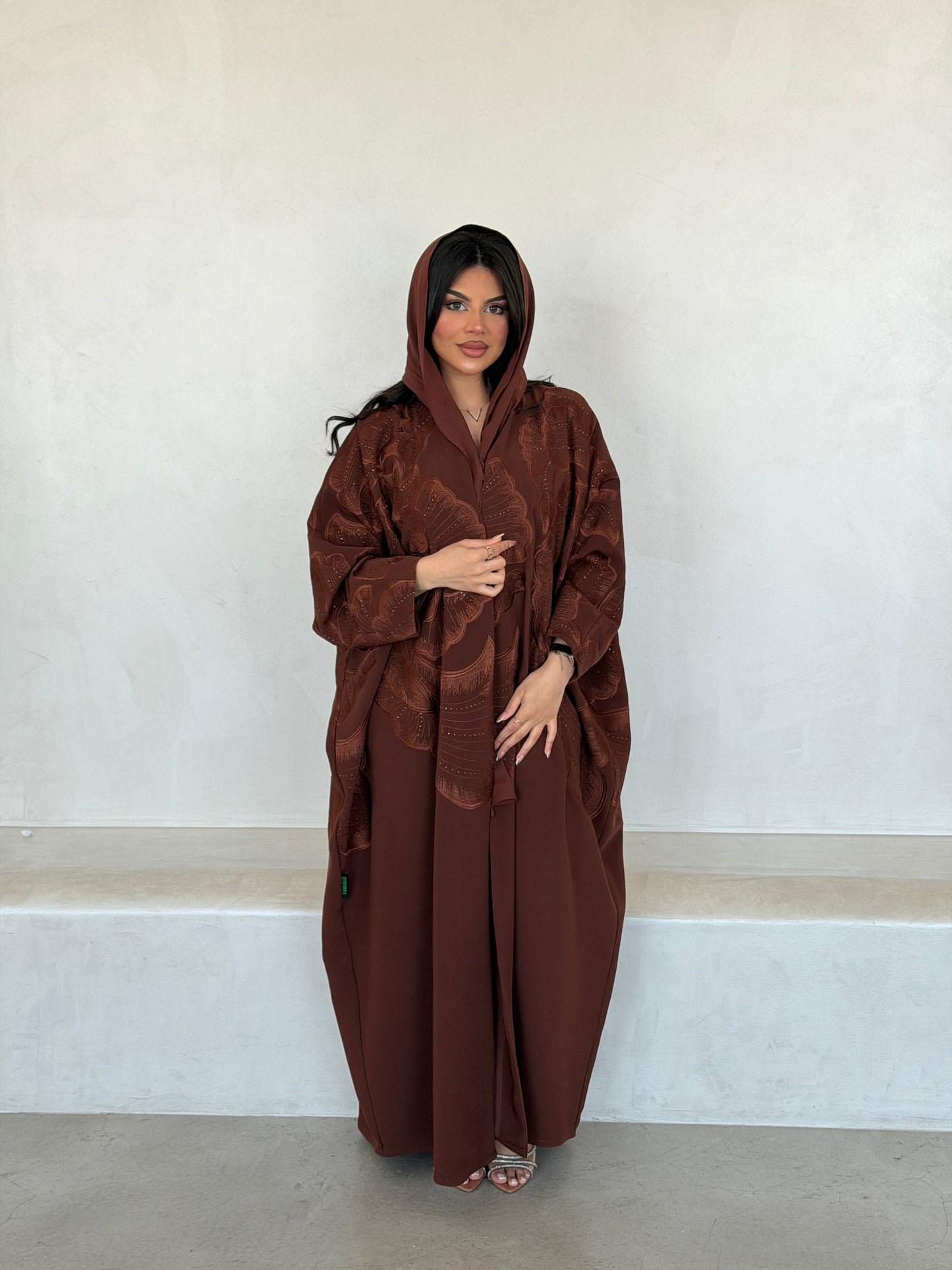 FAB295- Orange Crystal Embroidered Half Bisht Cut Crepe Abaya