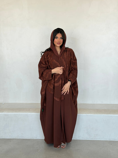 FAB295- Orange Crystal Embroidered Half Bisht Cut Crepe Abaya
