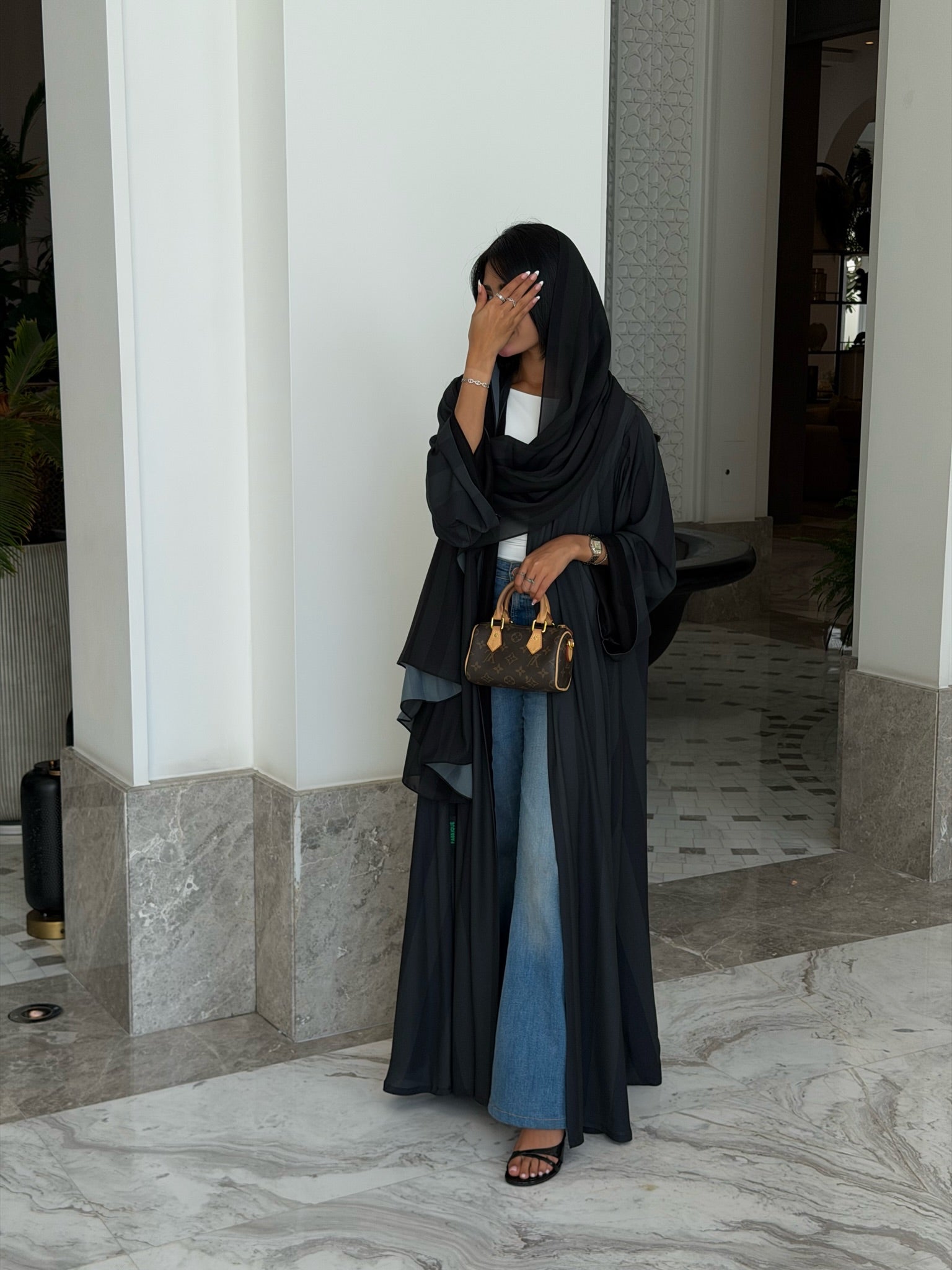 FAB331-Dark Green Basic Light Stripped Printed Klosh Abaya Set