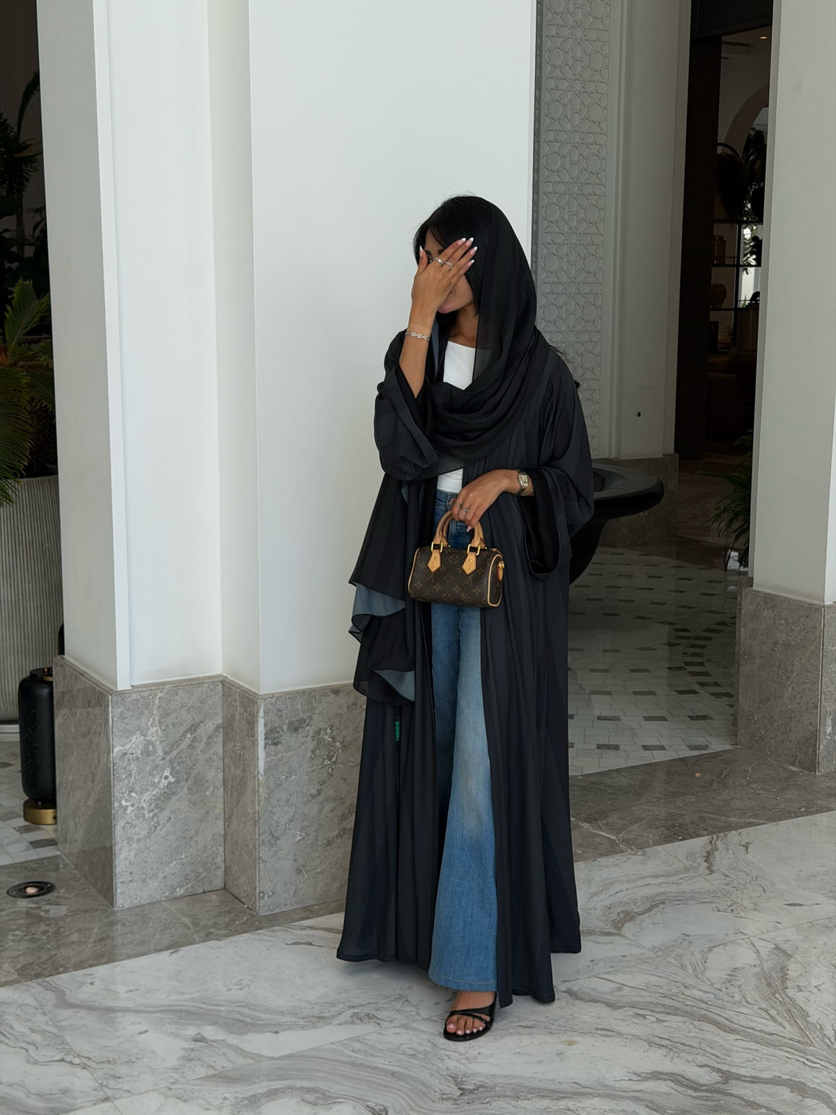 FAB331-Dark Green Basic Light Stripped Printed Klosh Abaya Set