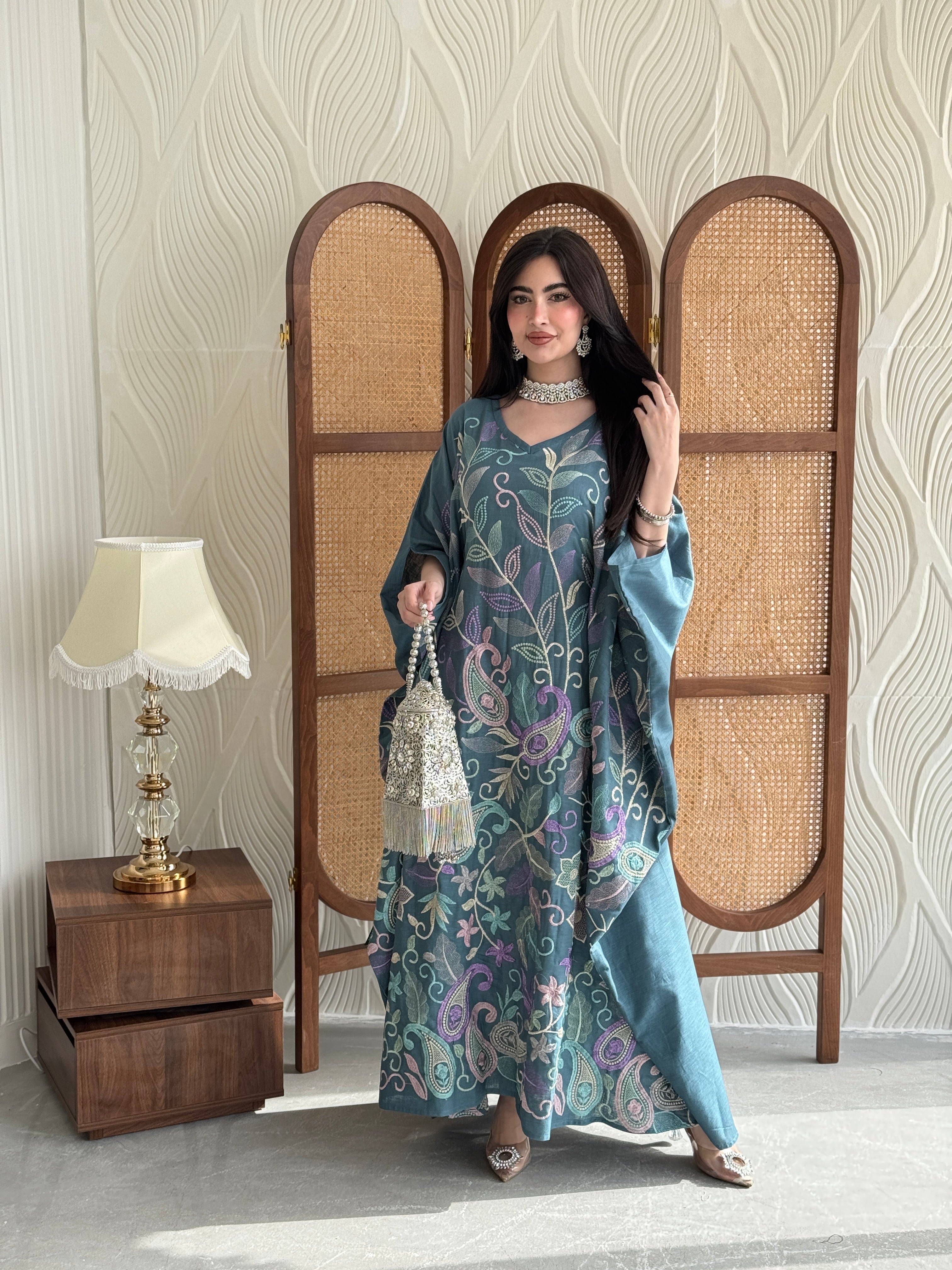 FAB263-Teal Blue Linen free-size jalabiya with elegant multicolor embroidery