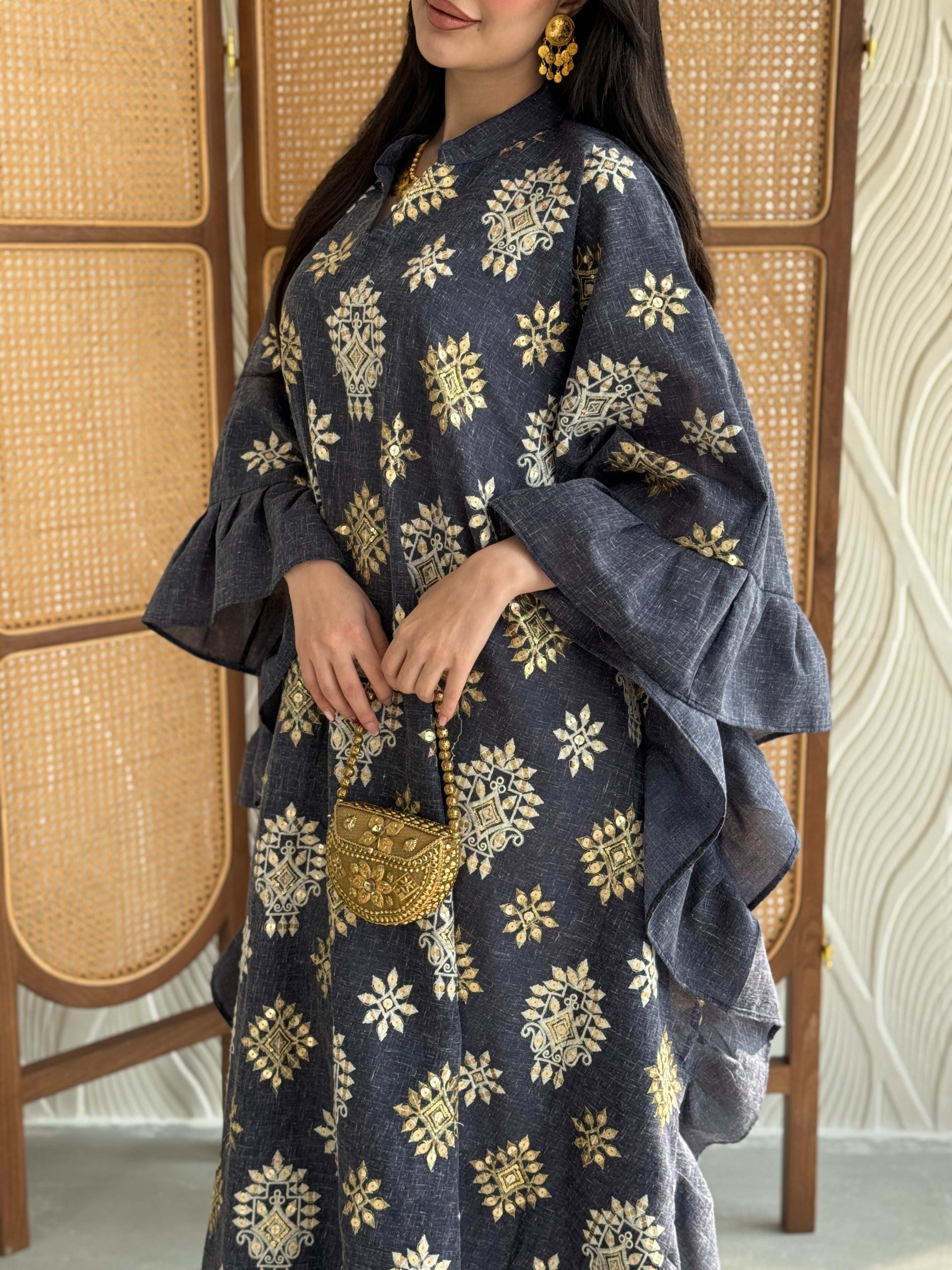 FAB271-Grey Linen Embroidered Butterfly-Cut Jalabiya with Ruffled Sleeves