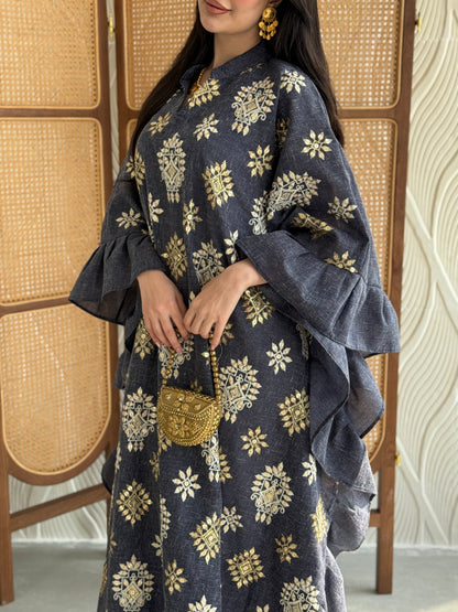 FAB271-Grey Linen Embroidered Butterfly-Cut Jalabiya with Ruffled Sleeves