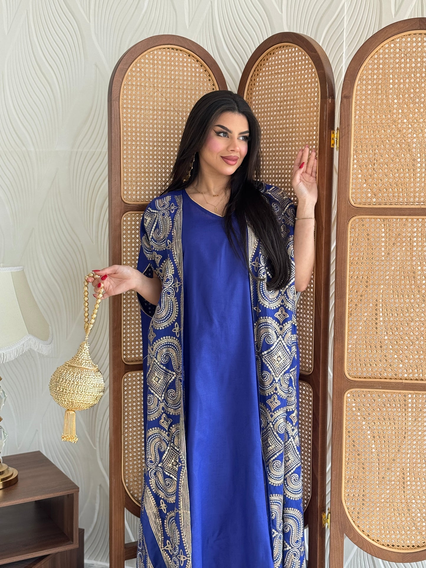 FAB275-Blue Two-Piece Linen Bisht Set, Detailed with Elegant Gold Embroidery