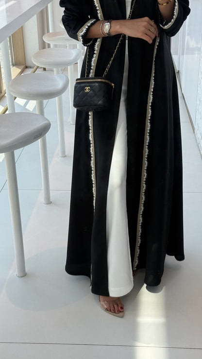 FAB326- Beige Black Crochet Crepe A-Cut Abaya with matching headscarf