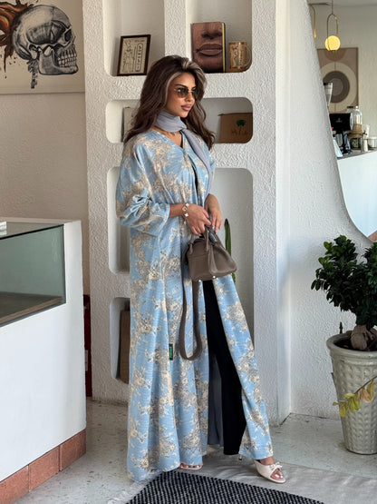 FAB300- Yellow and Blue Lace and Linen Summer A-Cut Abaya