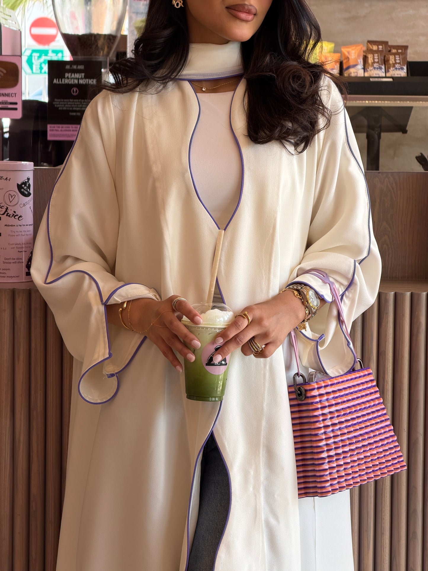 FAB317- White crepe swirl-cut abaya with purple piping abaya and headscarf