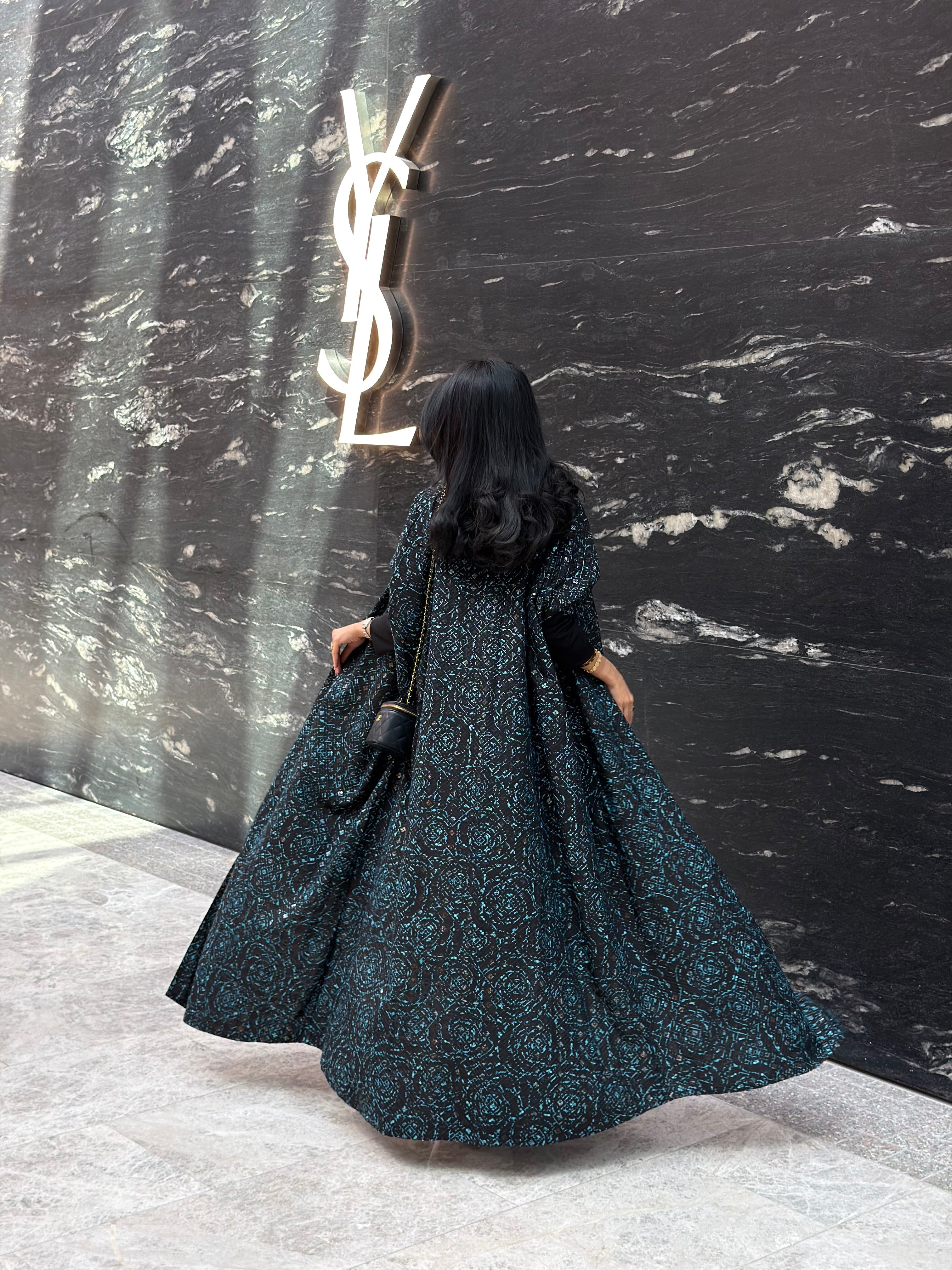 FAB341-Black Green Embroidery Half-Bisht Cut Abaya with Fitted Black Stretch Sleeves and matching headscarf
